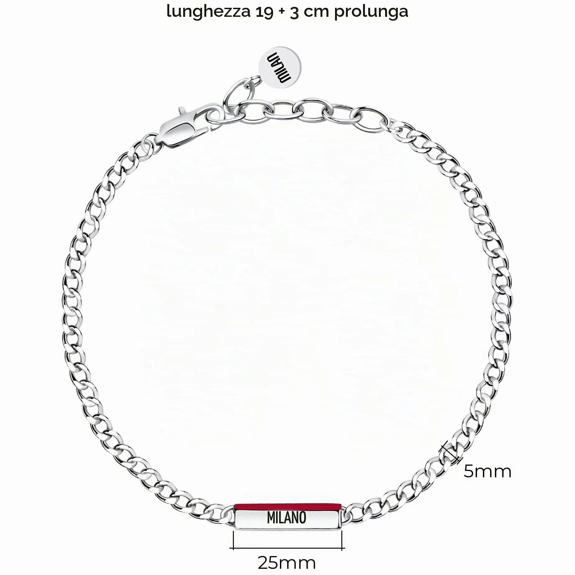 Clondo Bracciale Uomo Donna Milan in Acciaio – Collezione Ufficiale Calcio – Accessorio Elegante e Sportivo con Logo – Idea Regalo per Tifosi – Vari Modelli Disponibili (Slim Plate Chain Red) - immagine 3