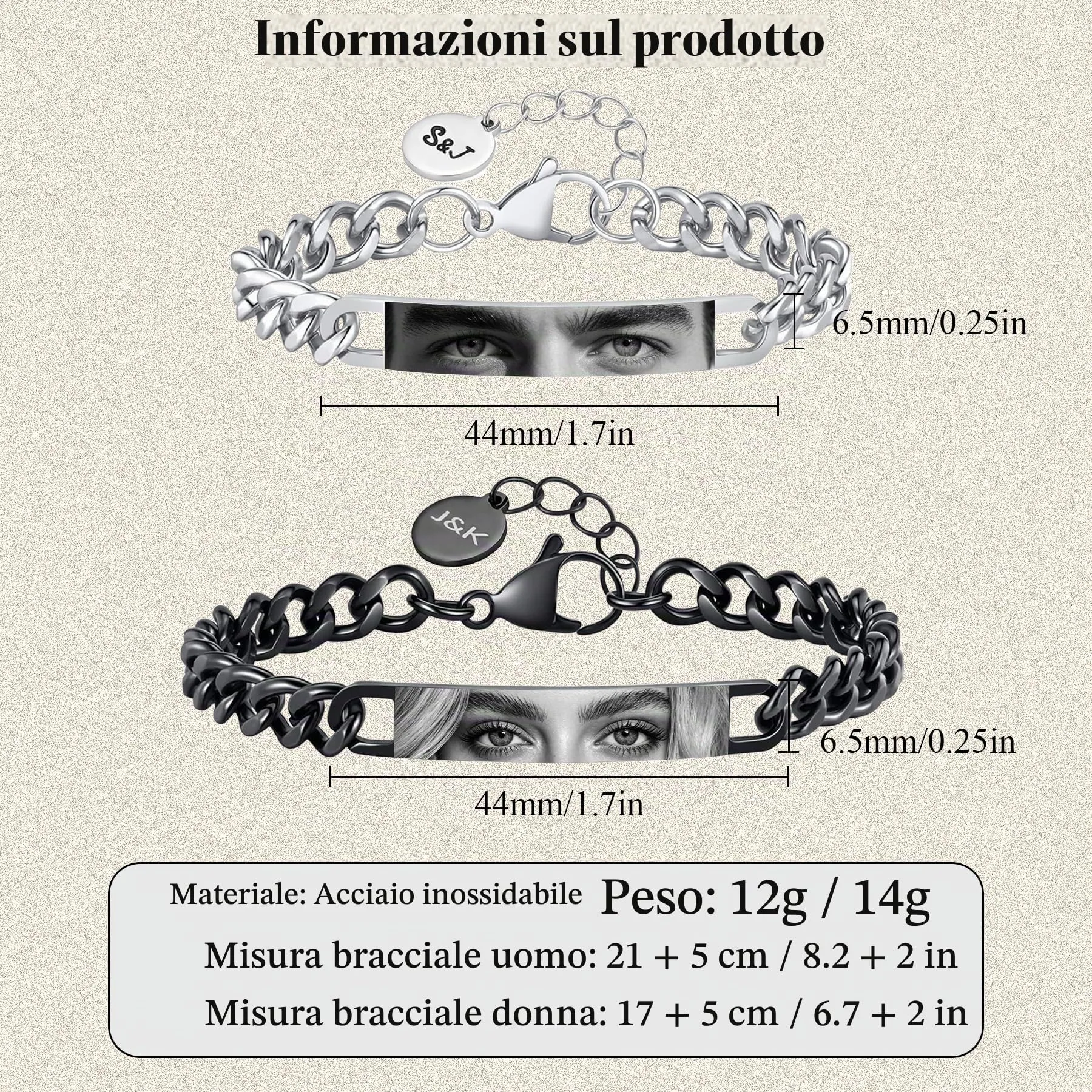 Personalizzato occhi-foto coppie braccialetto - regolabile braccialetto partner personalizzato con foto e nome incisione in acciaio inossidabile, amore amicizia regali per San Valentino, Coppia - immagine 2