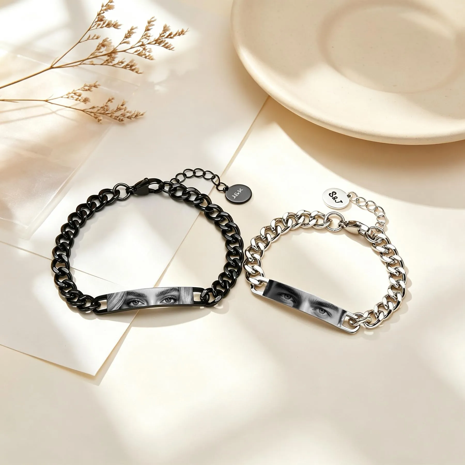 Personalizzato occhi-foto coppie braccialetto - regolabile braccialetto partner personalizzato con foto e nome incisione in acciaio inossidabile, amore amicizia regali per San Valentino, Coppia - immagine 3
