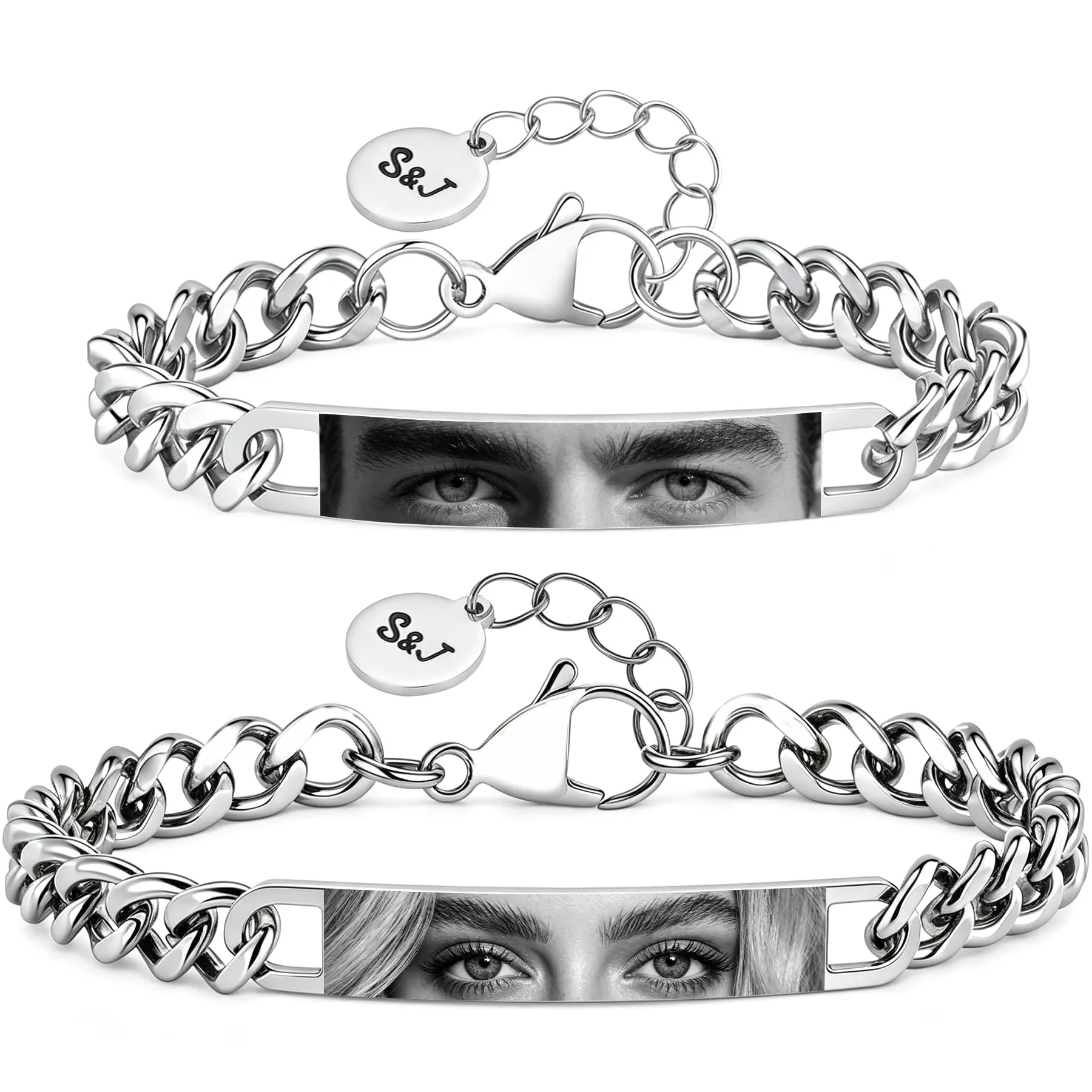 Personalizzato occhi-foto coppie braccialetto - regolabile braccialetto partner personalizzato con foto e nome incisione in acciaio inossidabile, amore amicizia regali per San Valentino, Coppia - immagine 1