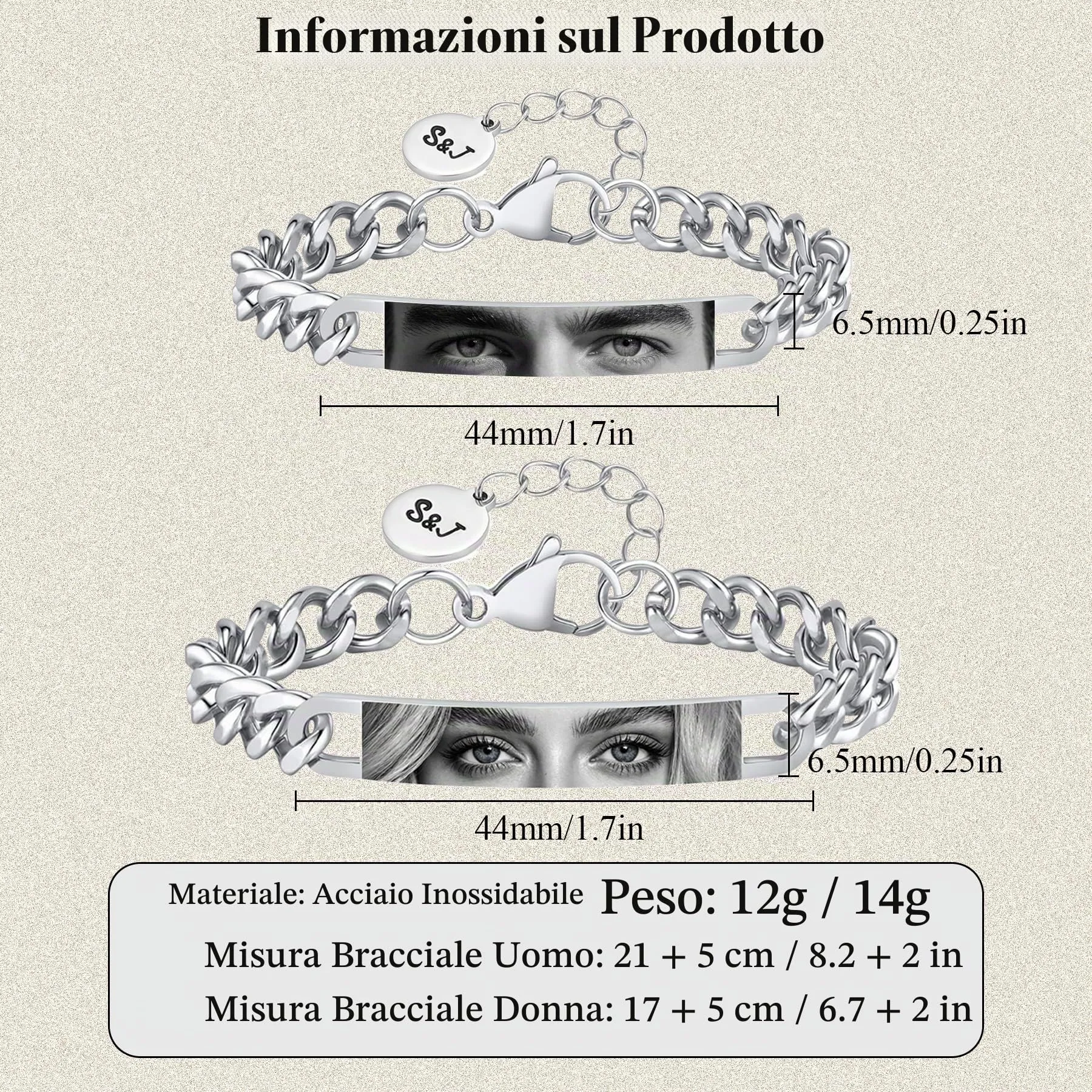 Personalizzato occhi-foto coppie braccialetto - regolabile braccialetto partner personalizzato con foto e nome incisione in acciaio inossidabile, amore amicizia regali per San Valentino, Coppia - immagine 2