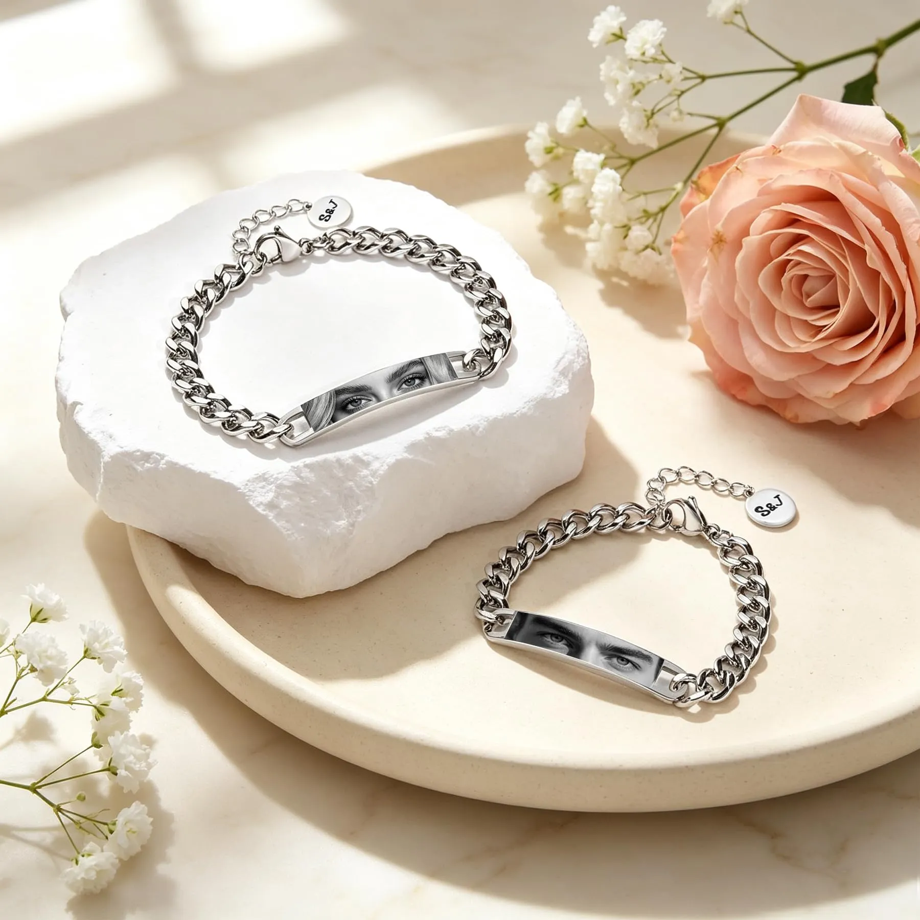 Personalizzato occhi-foto coppie braccialetto - regolabile braccialetto partner personalizzato con foto e nome incisione in acciaio inossidabile, amore amicizia regali per San Valentino, Coppia - immagine 3
