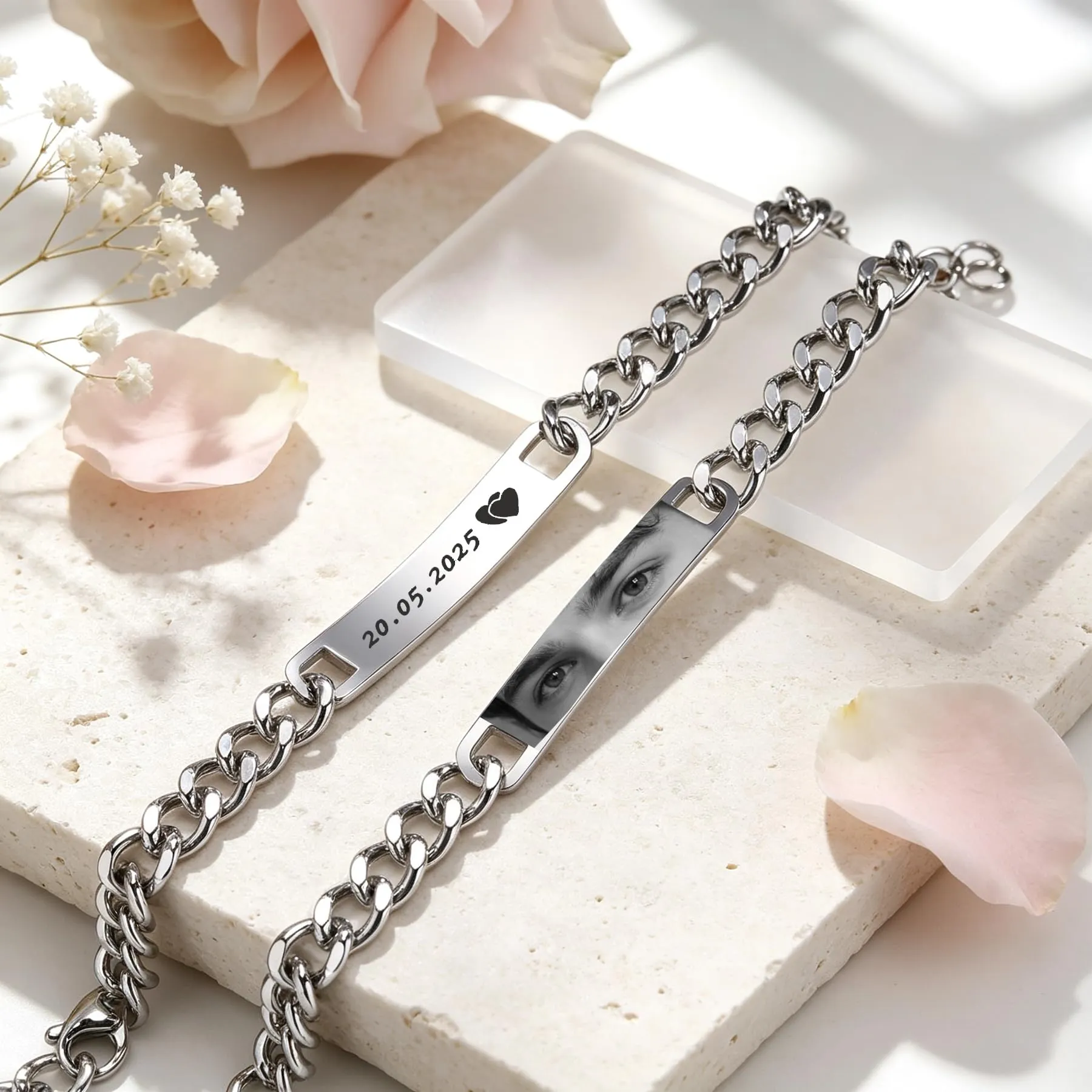 Personalizzato occhi-foto coppie braccialetto - regolabile braccialetto partner personalizzato con foto e nome incisione in acciaio inossidabile, amore amicizia regali per San Valentino, Coppia - immagine 4