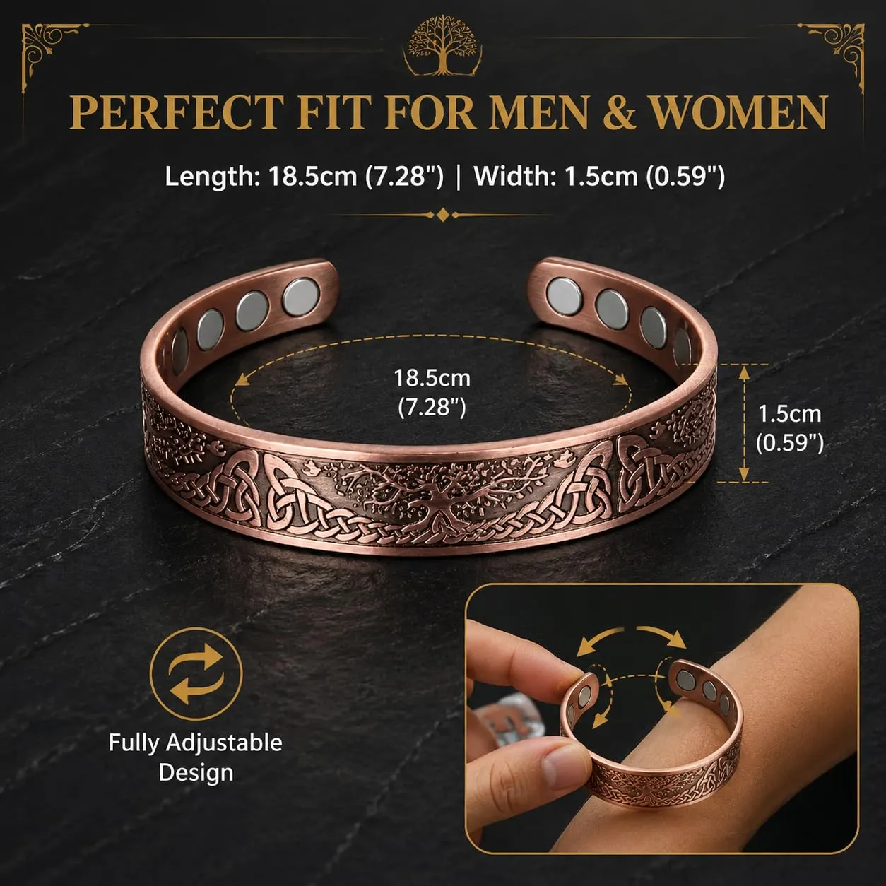 CBMZHF Braccialetto in puro rame massiccio al 100%, anello regolabile, bracciale in rame per uomini e donne, braccialetto magnetico in rame, braccialetto in rame, regalo per amante, padre - immagine 2