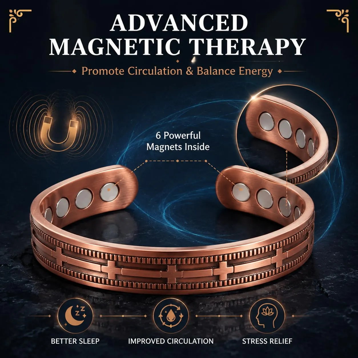 CBMZHF Bracciale in rame massiccio 100% puro | Bracciale regolabile in rame per uomo e donna | Bracciale in rame puro | Bracciale magnetico in rame | Regalo per amante, padre, compleanno, Rame - immagine 5