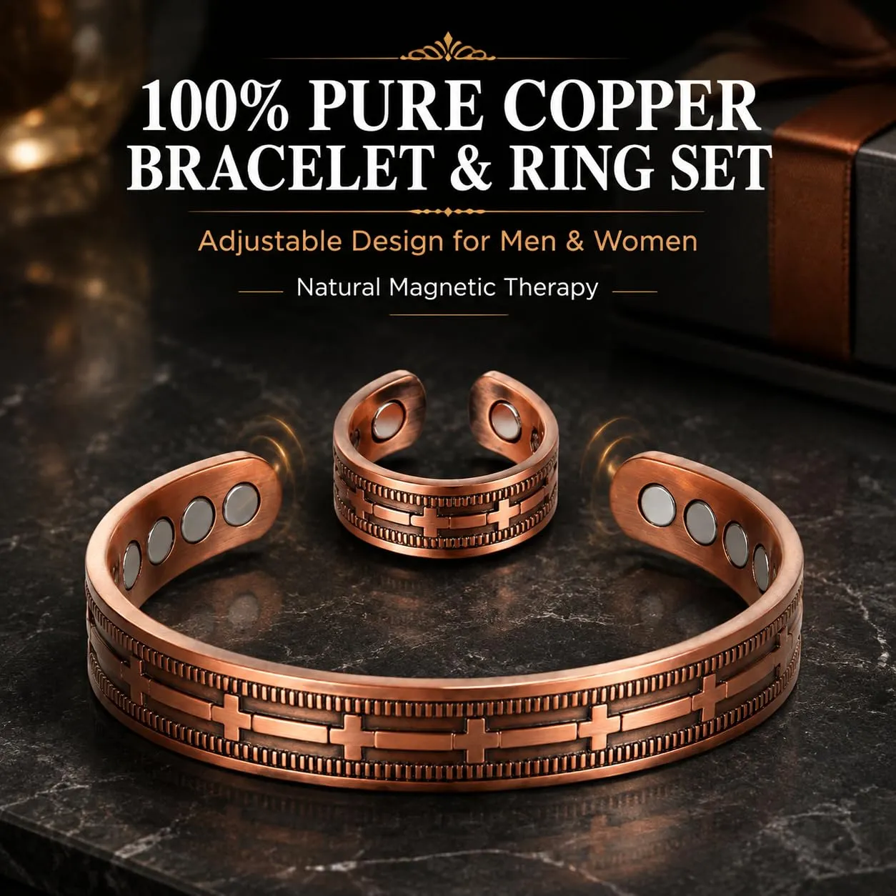 CBMZHF Bracciale in rame massiccio 100% puro | Bracciale regolabile in rame per uomo e donna | Bracciale in rame puro | Bracciale magnetico in rame | Regalo per amante, padre, compleanno, Rame - immagine 6