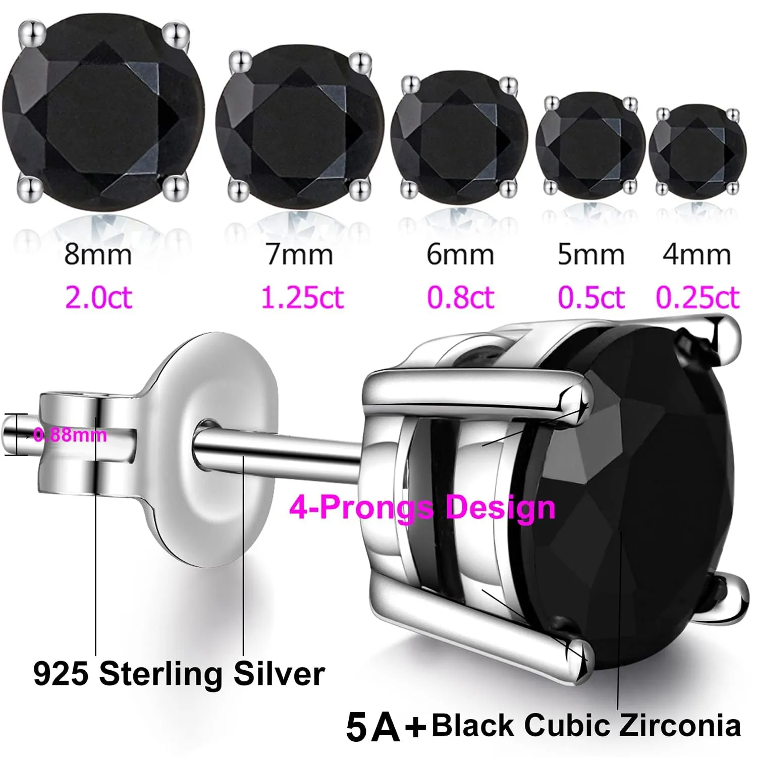 Orecchini Neri Uomo Donna Diamanti Zirconi Argento Diamante Orecchino Uomo Donna Con Zirconi Orecchini Nero Argento 18K Oro Placcata 5mm - immagine 6