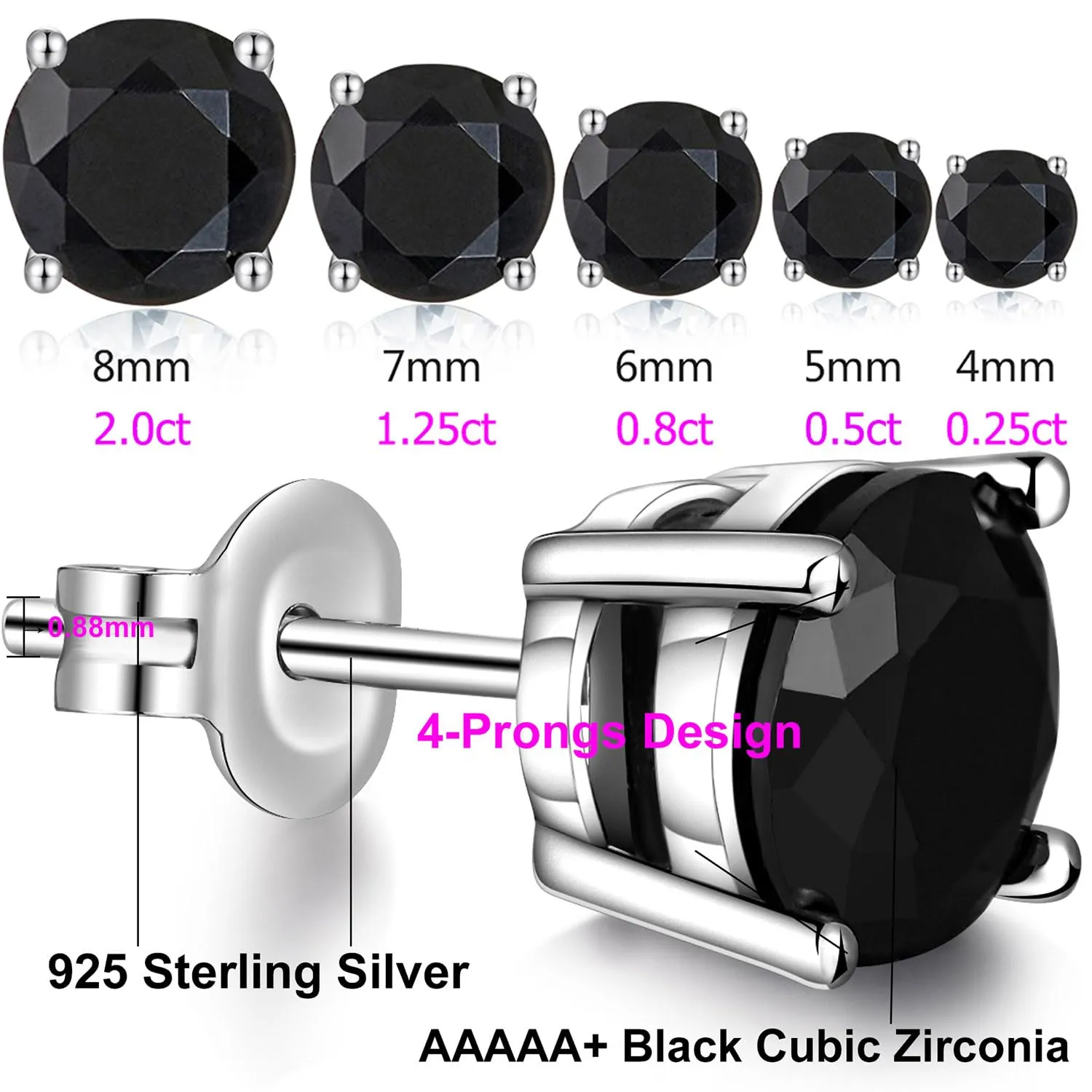 Orecchini Neri Uomo Donna Diamanti Zirconi Argento Diamante Orecchino Uomo Donna Con Zirconi Orecchini Nero Argento 18K Oro Placcata 6mm - immagine 7