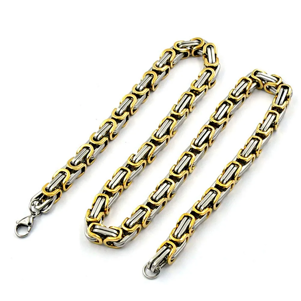 YCYR Set di Gioielli con Bracciale E Collana Bizantina da Uomo, Larghezza 6 MM / 8 MM, Lunghezza Collana 24 Pollici, Braccialetto 8,9 Pollici,d'oro,8MM - immagine 2