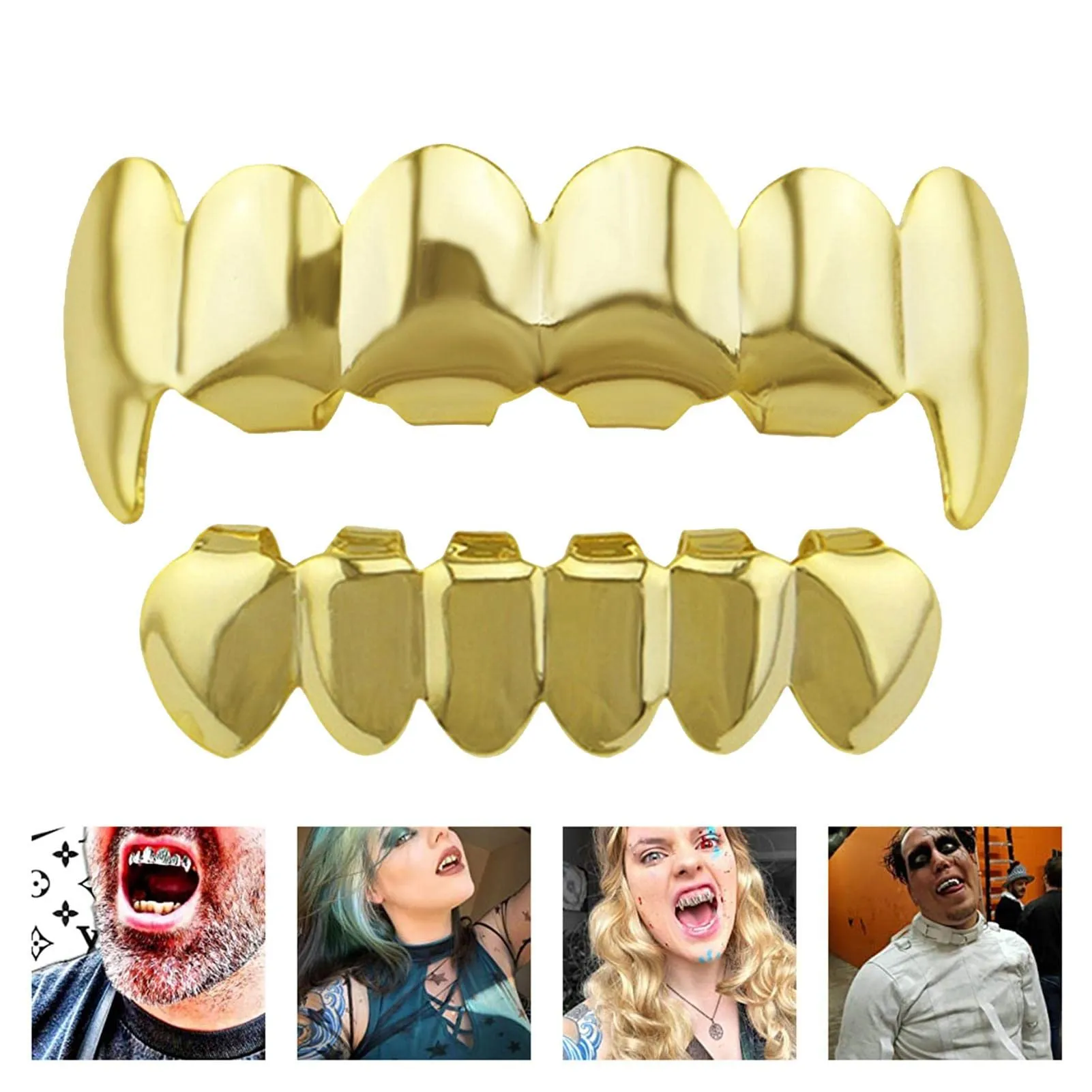 Gold Grills for Your Teeth, Hip Hop placcato oro 18 carati punte lucidate personalizzate per uomini e donne, accessori per costume da rapper Adawd - immagine 5