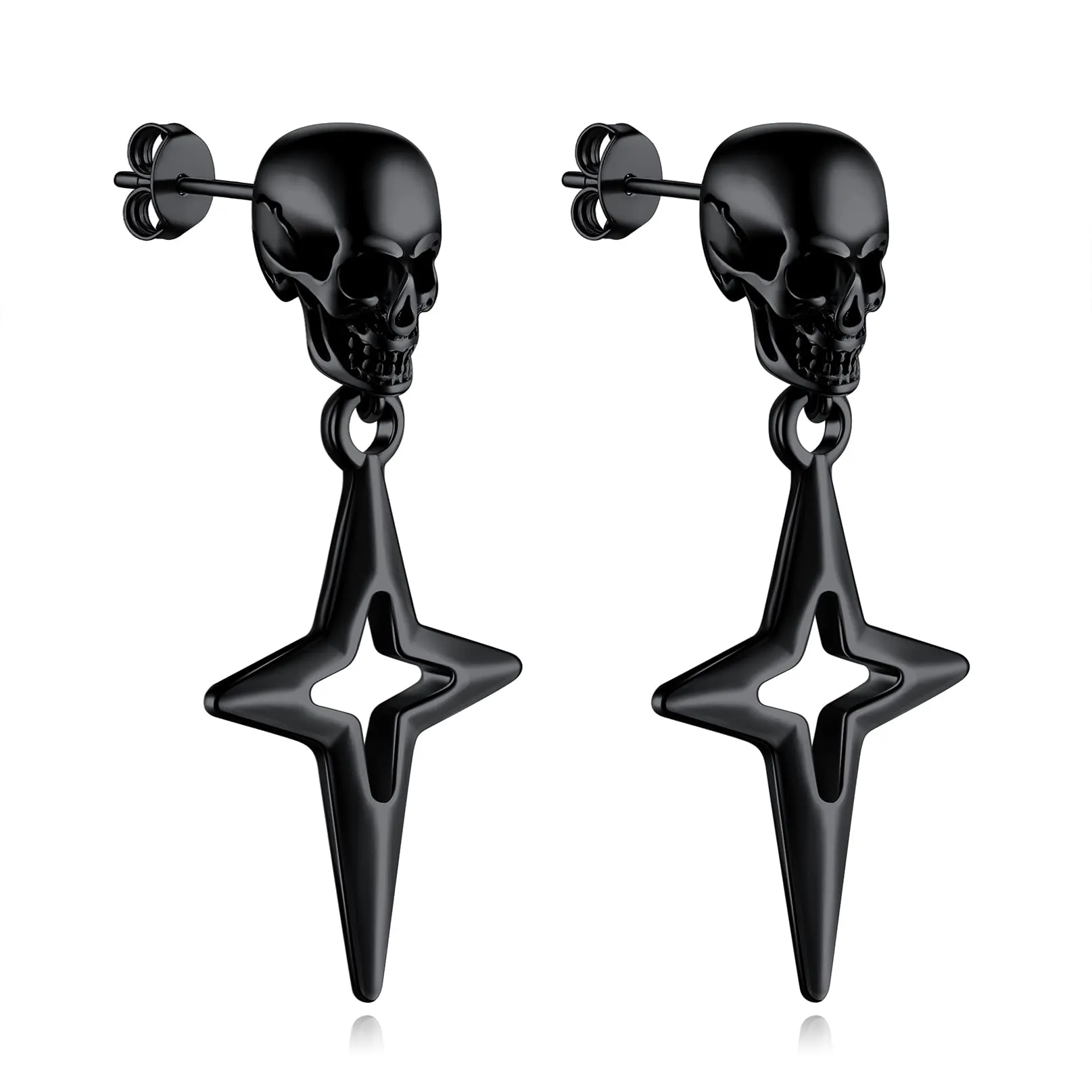 Bandmax Teschio Orecchini Pendenti Uomo Donna, Nero Orecchini Acciaio Chirurgico, 02 Stile Stella a Quattro Orecchini Anallergici a Cerchio, Gioielli Uomo di Moda per Punk Goth - immagine 1