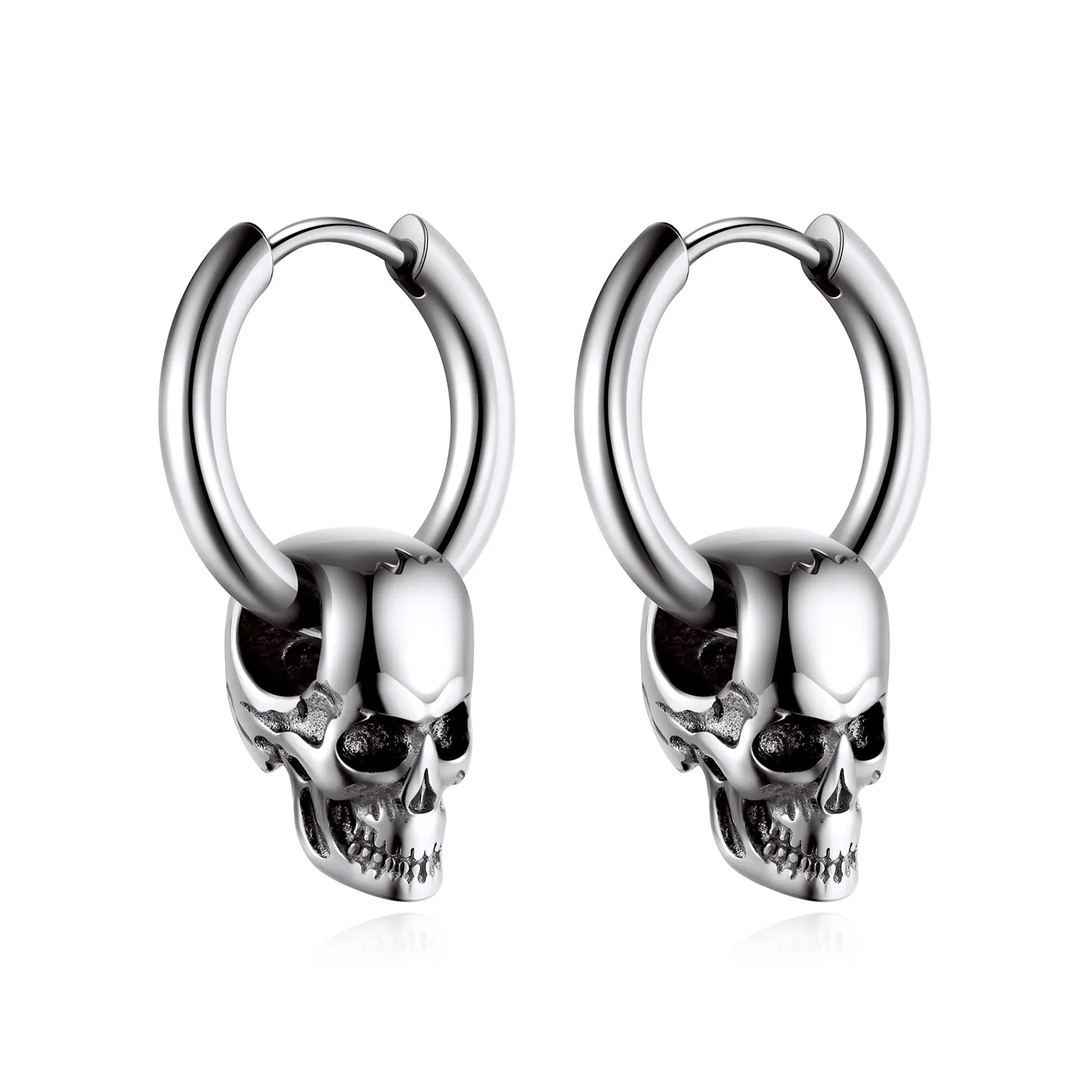 Bandmax Teschio Orecchini Pendenti Uomo Donna, Argento Orecchini Acciaio Chirurgico, 01 Stile Vintage Orecchini Anallergici a Cerchio, Gioielli Uomo di Moda per Punk Goth Rapper Ragazzi - immagine 1