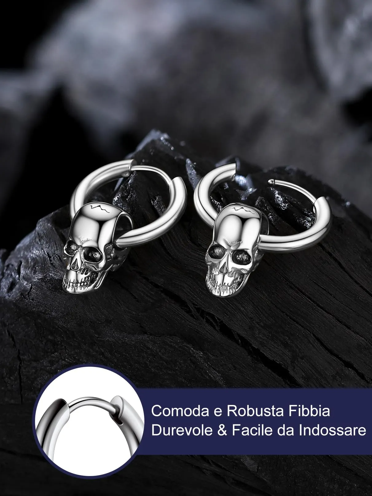 Bandmax Teschio Orecchini Pendenti Uomo Donna, Argento Orecchini Acciaio Chirurgico, 01 Stile Vintage Orecchini Anallergici a Cerchio, Gioielli Uomo di Moda per Punk Goth Rapper Ragazzi - immagine 5