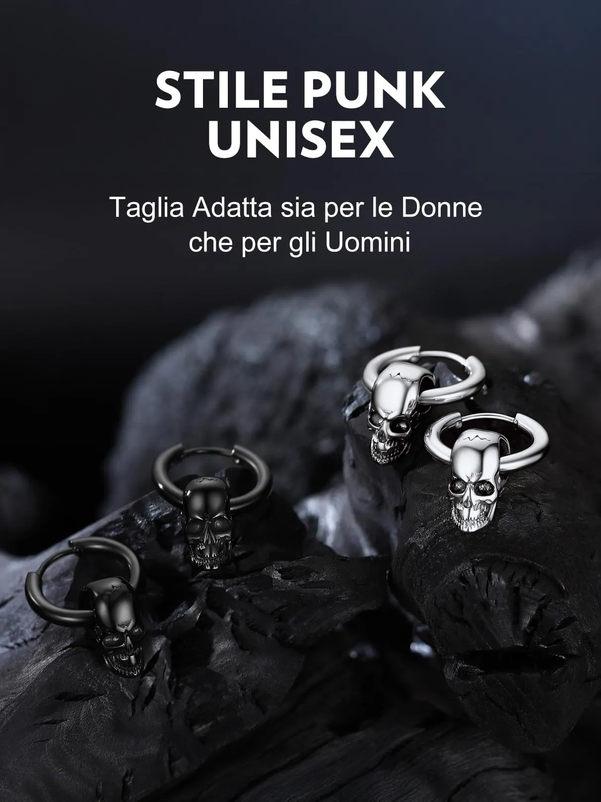 Bandmax Teschio Orecchini Pendenti Uomo Donna, Argento Orecchini Acciaio Chirurgico, 01 Stile Vintage Orecchini Anallergici a Cerchio, Gioielli Uomo di Moda per Punk Goth Rapper Ragazzi - immagine 6