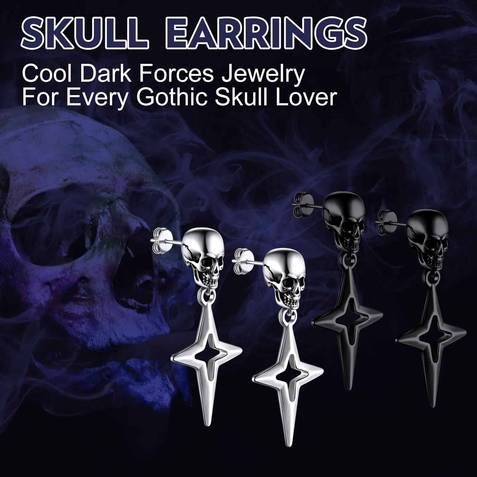 Bandmax Teschio Orecchini Pendenti Uomo Donna, Argento Orecchini Acciaio Chirurgico, 02 Stile Stella a Quattro Orecchini Anallergici a Cerchio, Gioielli Uomo di Moda per Punk Goth - immagine 4