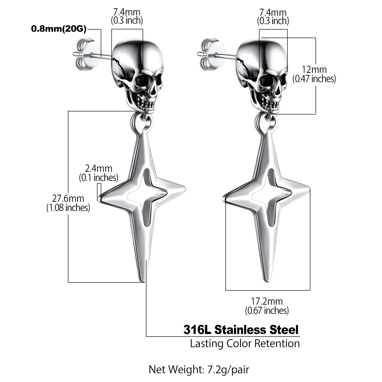 Bandmax Teschio Orecchini Pendenti Uomo Donna, Argento Orecchini Acciaio Chirurgico, 02 Stile Stella a Quattro Orecchini Anallergici a Cerchio, Gioielli Uomo di Moda per Punk Goth - immagine 6