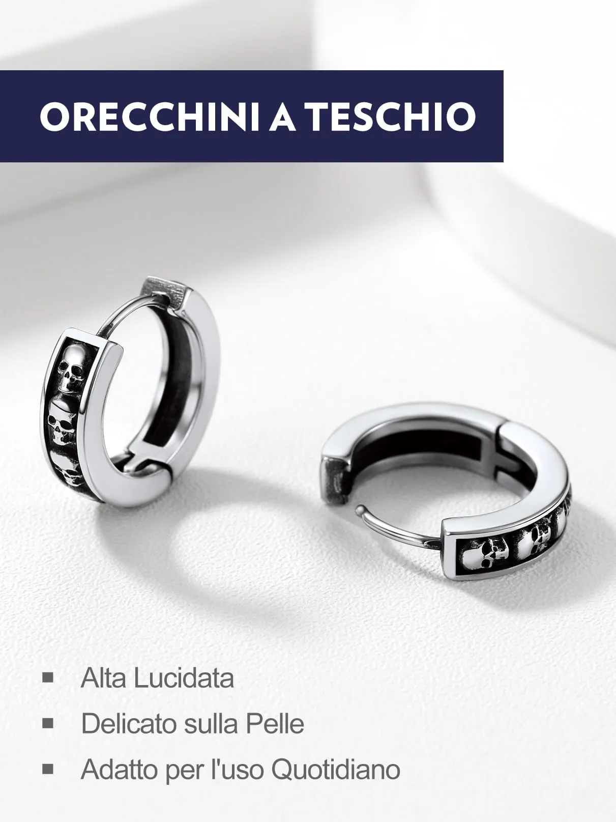 Bandmax Teschio Orecchini Pendenti Uomo Donna, Argento Orecchini Acciaio Chirurgico, 03 Stile Orecchini Anallergici a Cerchio, Orecchini Cerchio Infinito Gioielli Uomo di Moda per Punk Goth - immagine 4