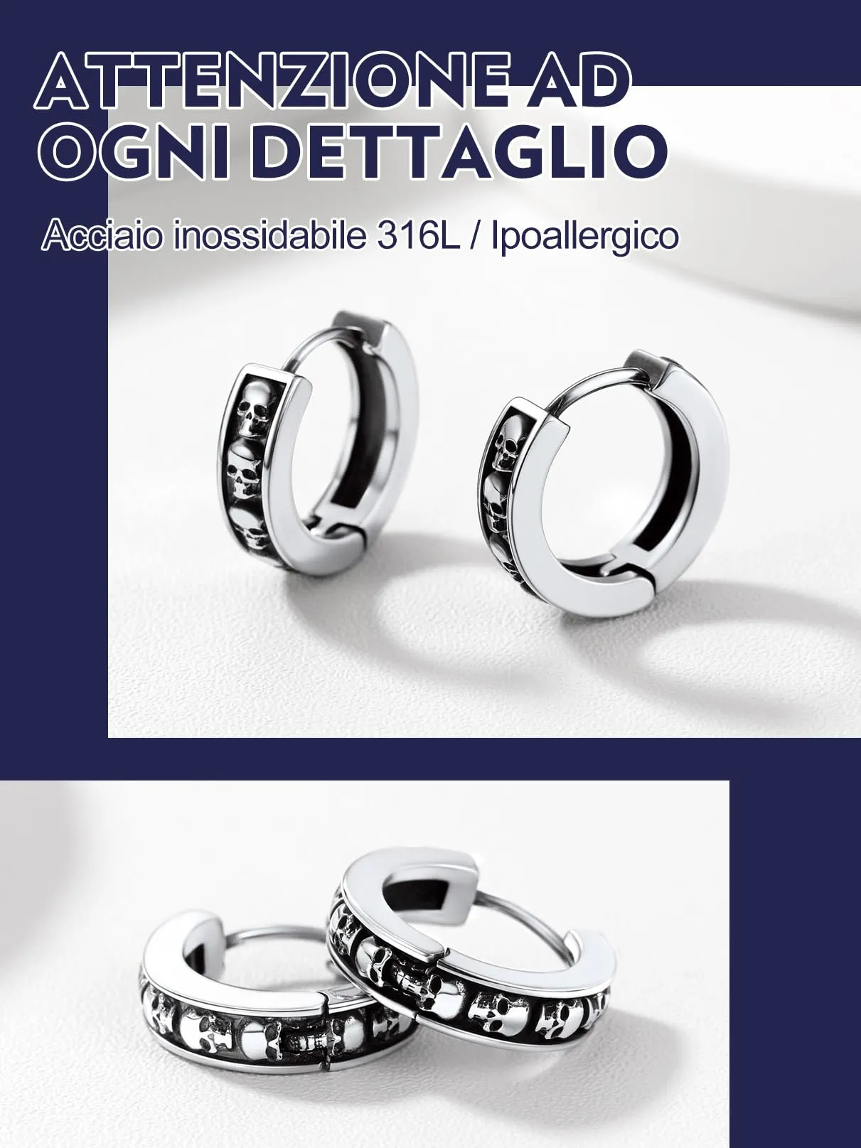 Bandmax Teschio Orecchini Pendenti Uomo Donna, Argento Orecchini Acciaio Chirurgico, 03 Stile Orecchini Anallergici a Cerchio, Orecchini Cerchio Infinito Gioielli Uomo di Moda per Punk Goth - immagine 5