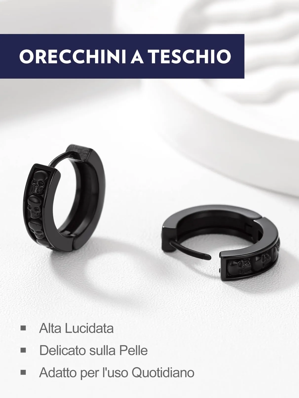 Bandmax Teschio Orecchini Pendenti Uomo Donna, Nero Orecchini Acciaio Chirurgico, 03 Stile Orecchini Anallergici a Cerchio, Orecchini Cerchio Infinito Gioielli Uomo di Moda per Punk Goth - immagine 4