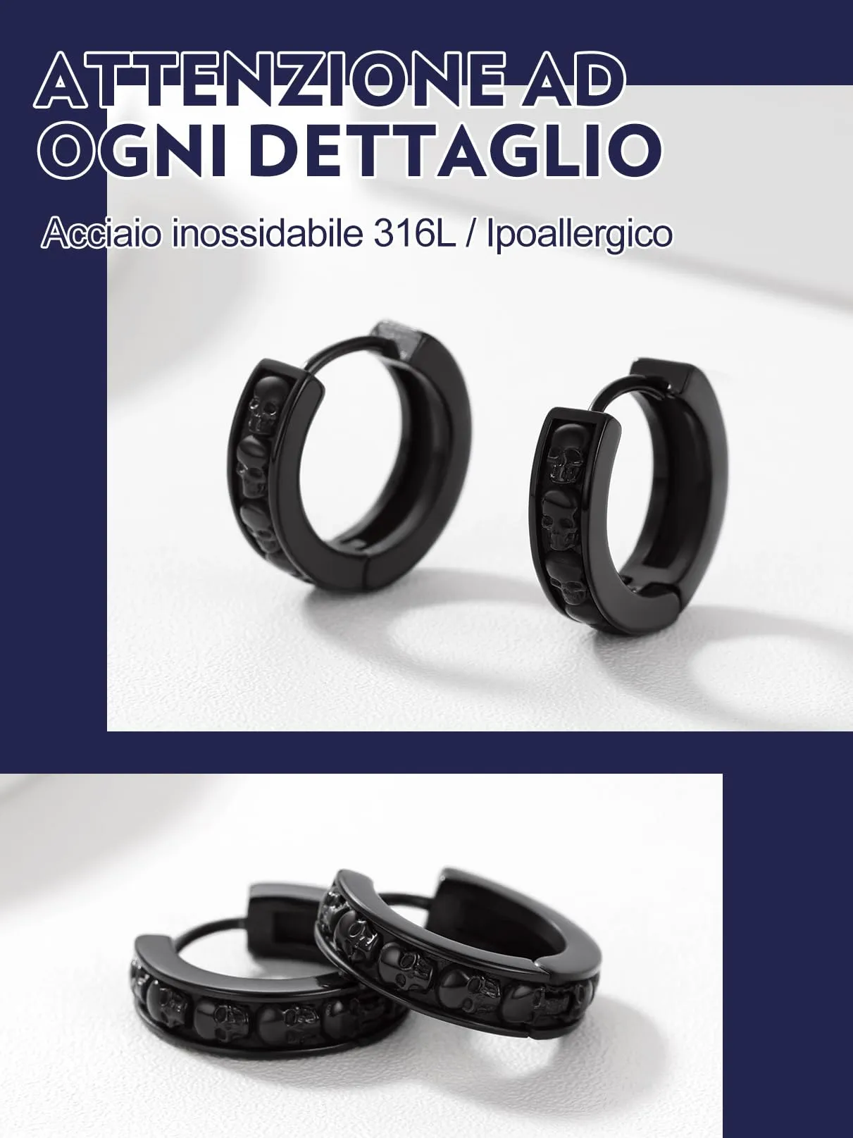 Bandmax Teschio Orecchini Pendenti Uomo Donna, Nero Orecchini Acciaio Chirurgico, 03 Stile Orecchini Anallergici a Cerchio, Orecchini Cerchio Infinito Gioielli Uomo di Moda per Punk Goth - immagine 5