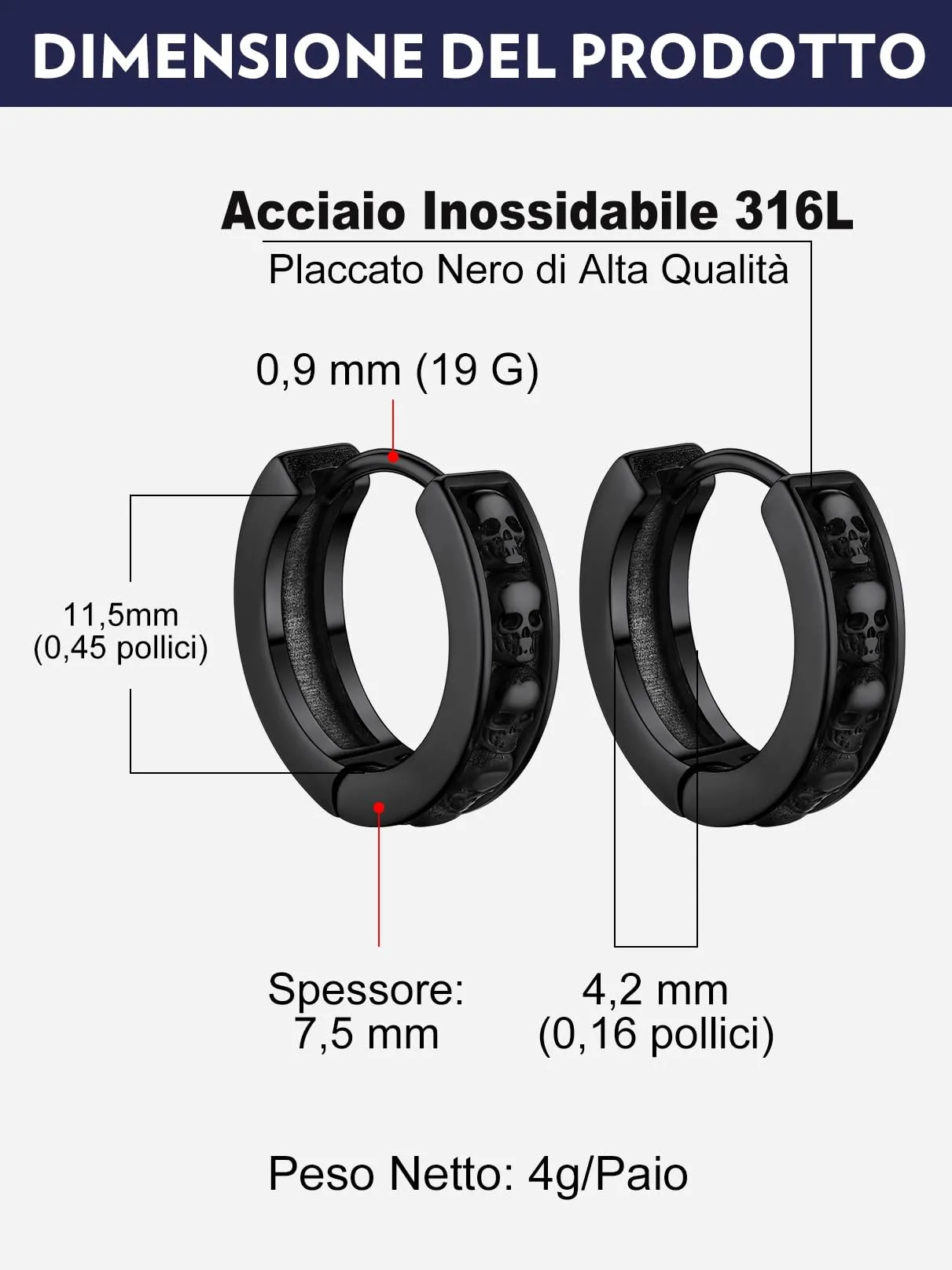Bandmax Teschio Orecchini Pendenti Uomo Donna, Nero Orecchini Acciaio Chirurgico, 03 Stile Orecchini Anallergici a Cerchio, Orecchini Cerchio Infinito Gioielli Uomo di Moda per Punk Goth - immagine 6