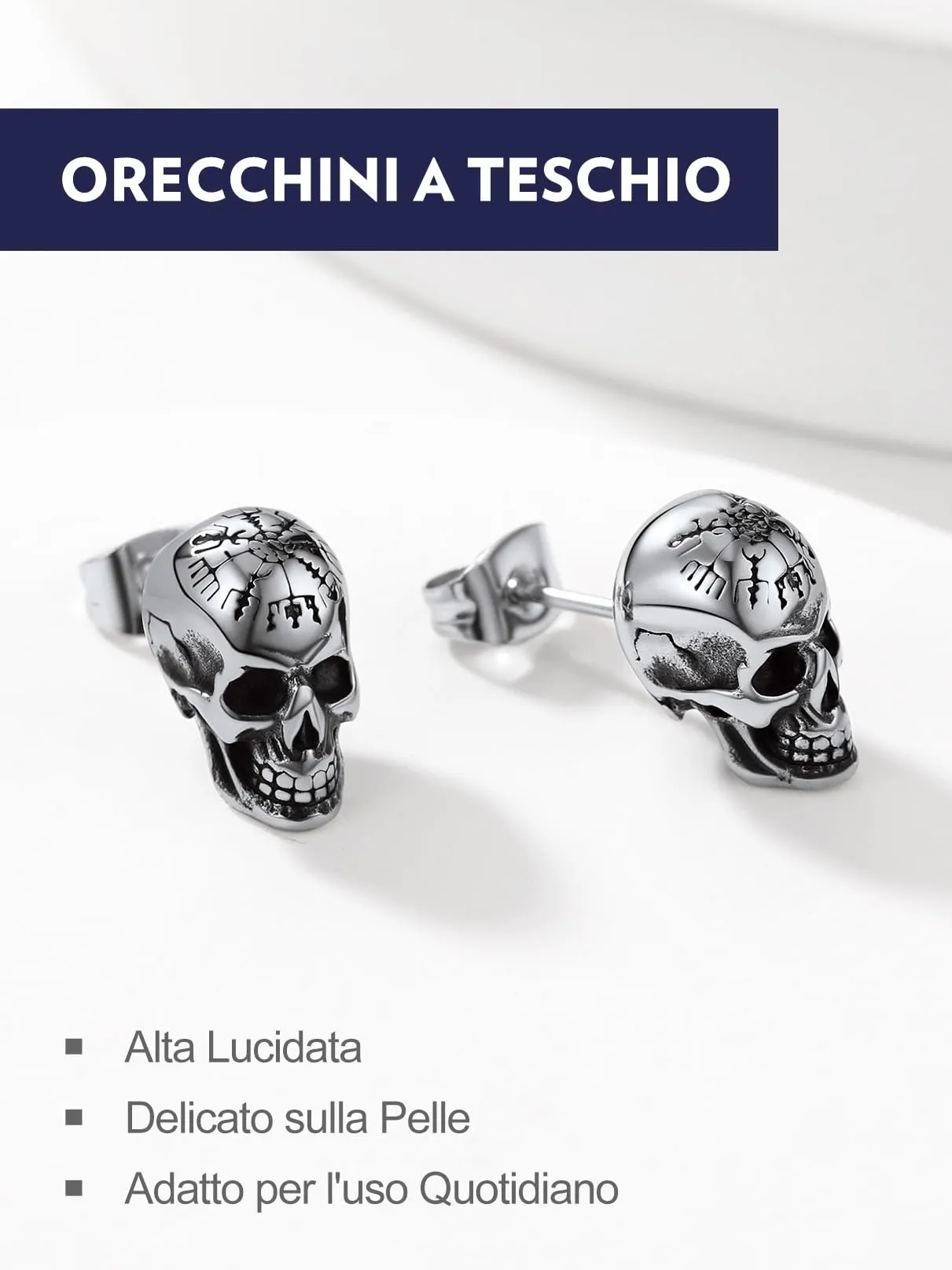 Bandmax Teschio Orecchini Pendenti Uomo Donna, Argento Orecchini Acciaio Chirurgico, 05 Stile Bussola Orecchini Anallergici, Gioielli Uomo di Moda per Punk Goth - immagine 4