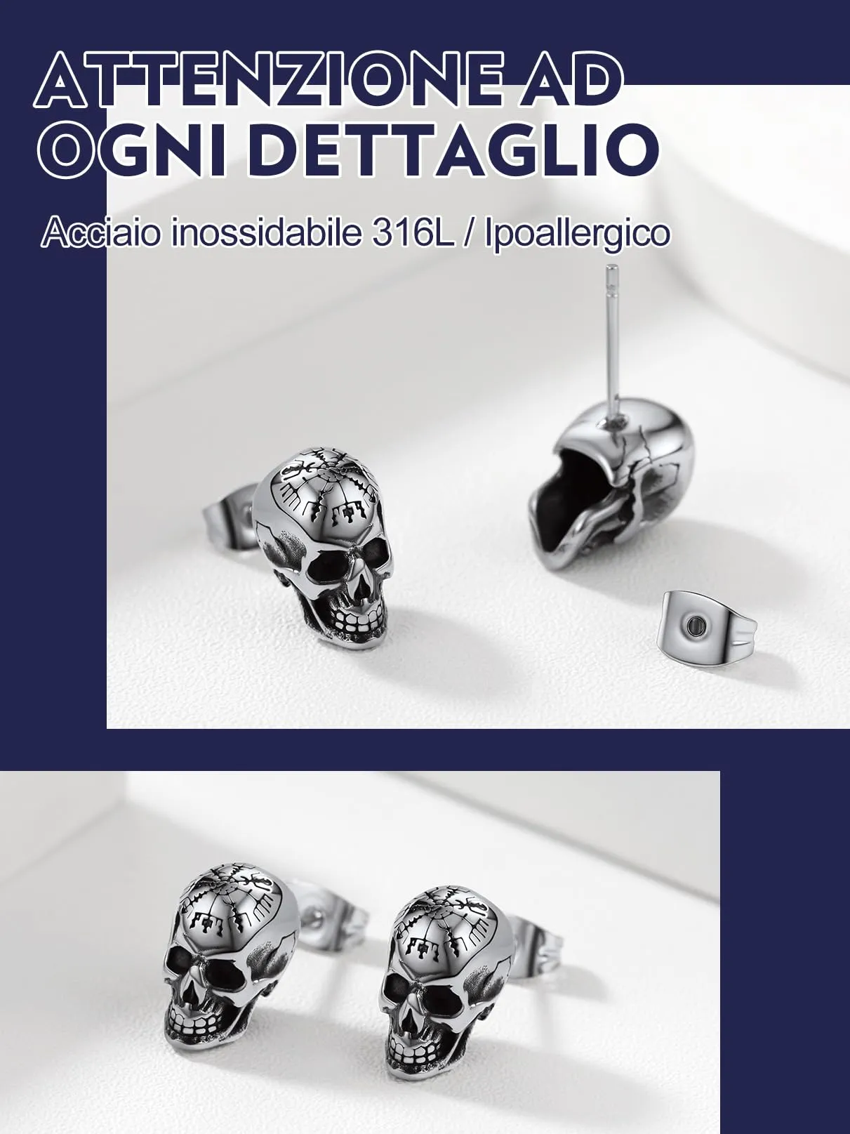 Bandmax Teschio Orecchini Pendenti Uomo Donna, Argento Orecchini Acciaio Chirurgico, 05 Stile Bussola Orecchini Anallergici, Gioielli Uomo di Moda per Punk Goth - immagine 5