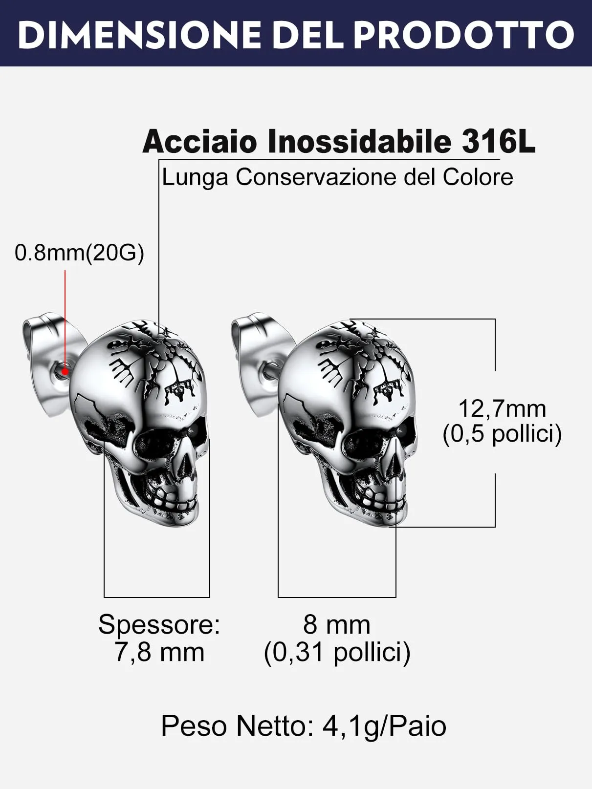 Bandmax Teschio Orecchini Pendenti Uomo Donna, Argento Orecchini Acciaio Chirurgico, 05 Stile Bussola Orecchini Anallergici, Gioielli Uomo di Moda per Punk Goth - immagine 6