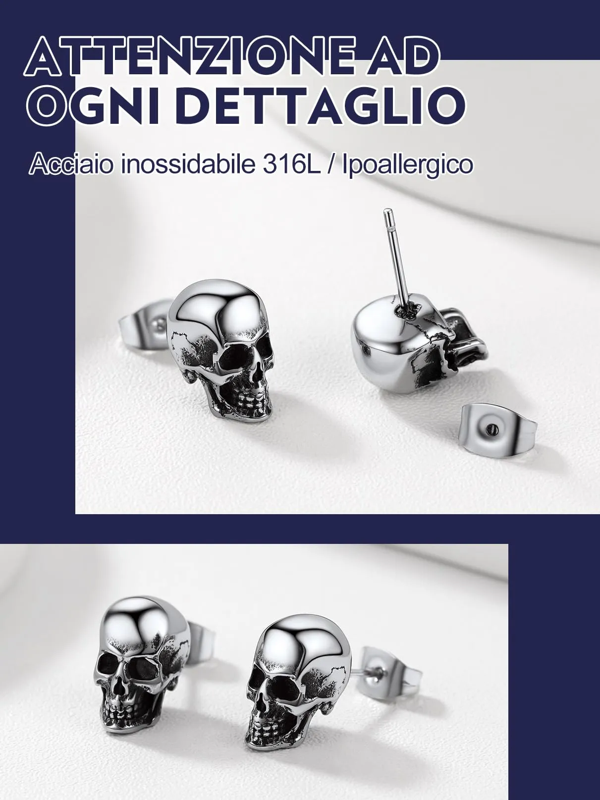 Bandmax Teschio Orecchini Pendenti Uomo Donna, Argento Orecchini Acciaio Chirurgico, 04 Stile Lucido Orecchini Anallergici, Gioielli Uomo di Moda per Punk Goth - immagine 4