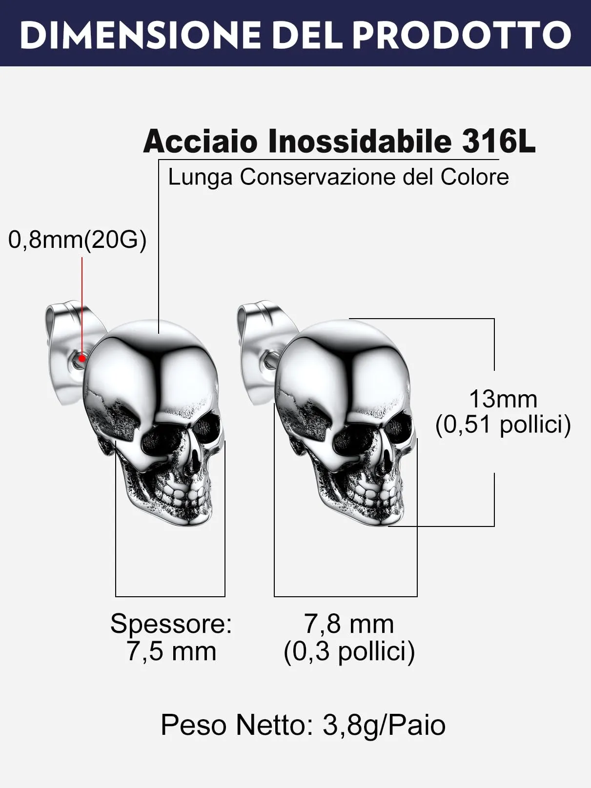 Bandmax Teschio Orecchini Pendenti Uomo Donna, Argento Orecchini Acciaio Chirurgico, 04 Stile Lucido Orecchini Anallergici, Gioielli Uomo di Moda per Punk Goth - immagine 6