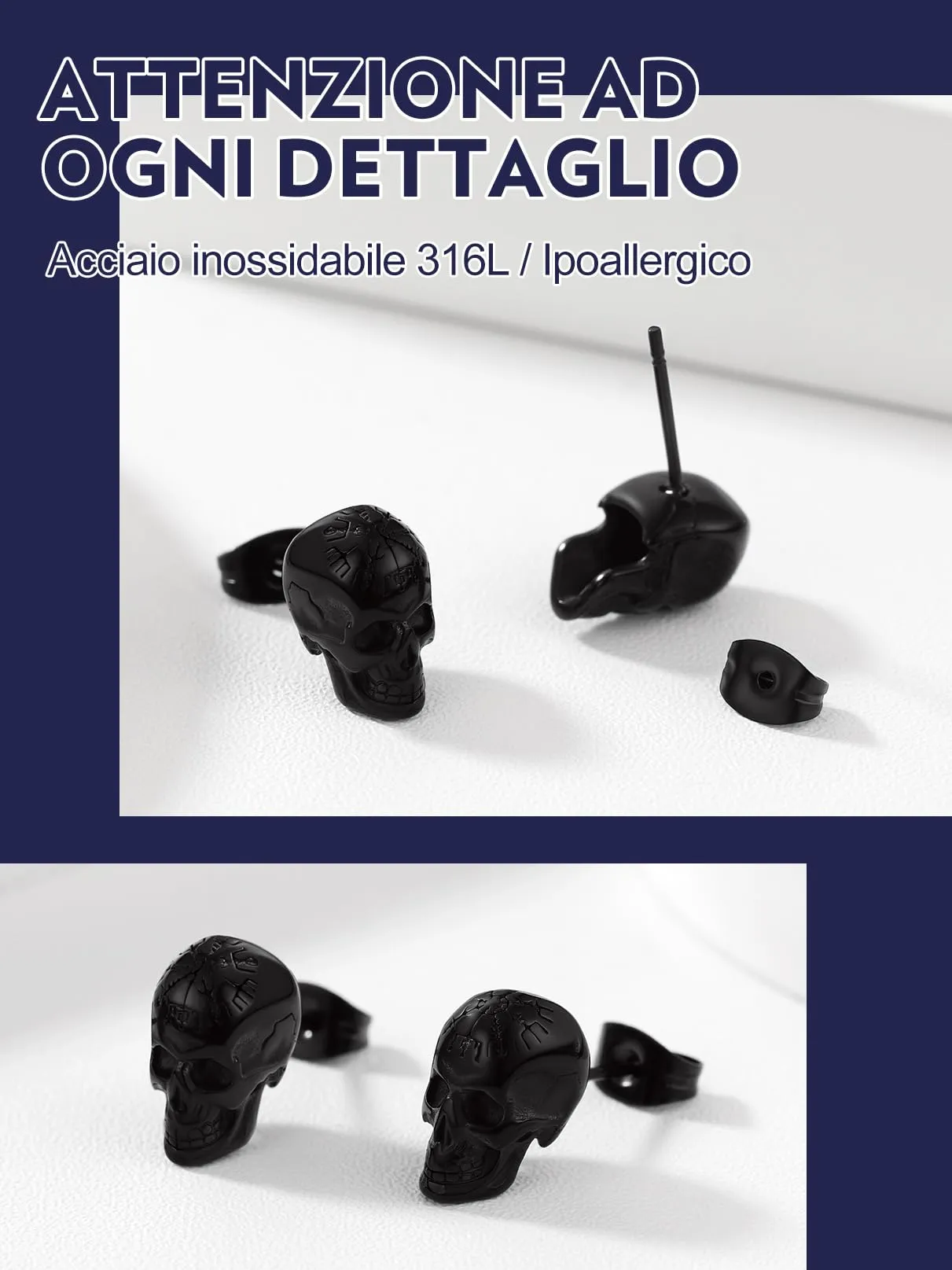 Bandmax Teschio Orecchini Pendenti Uomo Donna, Nero Orecchini Acciaio Chirurgico, 05 Stile Bussola Orecchini Anallergici, Gioielli Uomo di Moda per Punk Goth - immagine 5