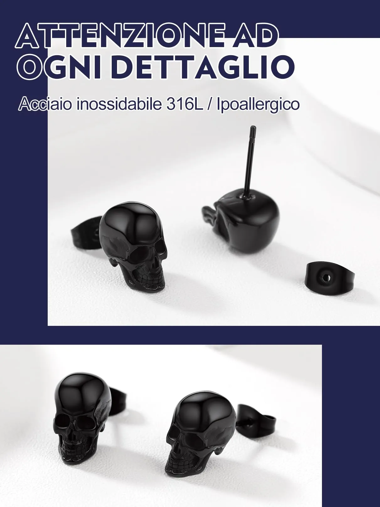 Bandmax Teschio Orecchini Pendenti Uomo Donna, Nero Orecchini Acciaio Chirurgico, 04 Stile Lucido Orecchini Anallergici, Gioielli Uomo di Moda per Punk Goth - immagine 5