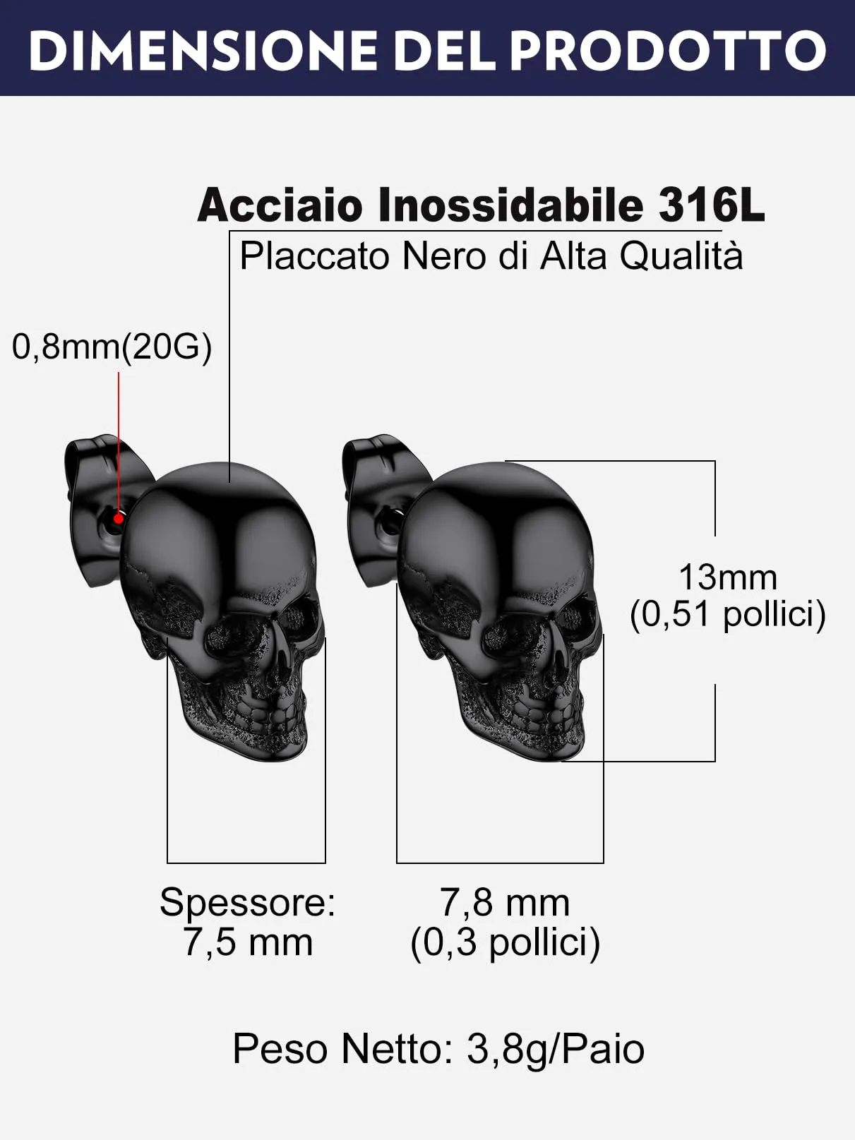 Bandmax Teschio Orecchini Pendenti Uomo Donna, Nero Orecchini Acciaio Chirurgico, 04 Stile Lucido Orecchini Anallergici, Gioielli Uomo di Moda per Punk Goth - immagine 6