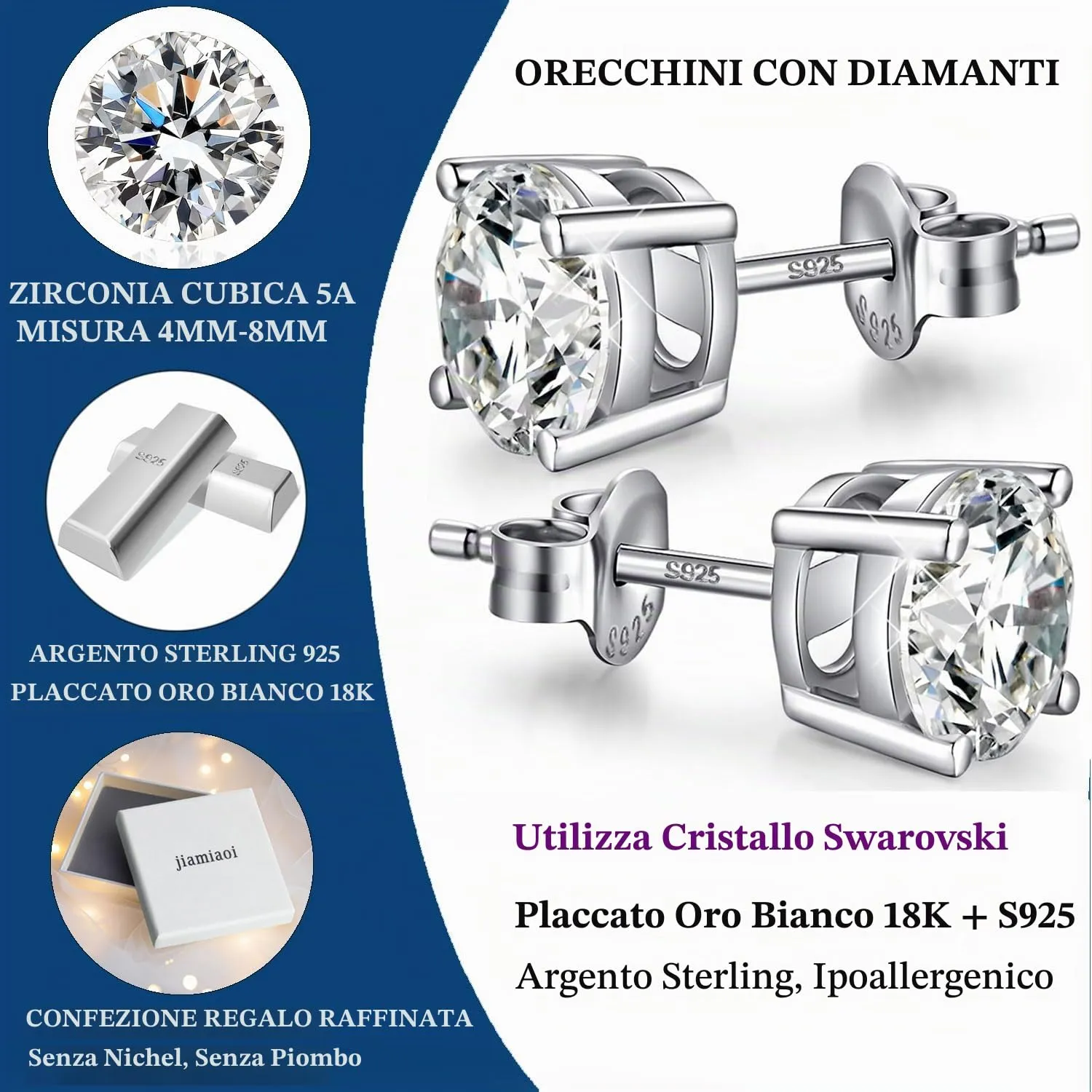 Orecchini Uomo Diamanti Argento 925 Donna Zirconi Diamante Orecchino Uomo Brillante Diamante Brillanti Orecchini 5mm - immagine 6