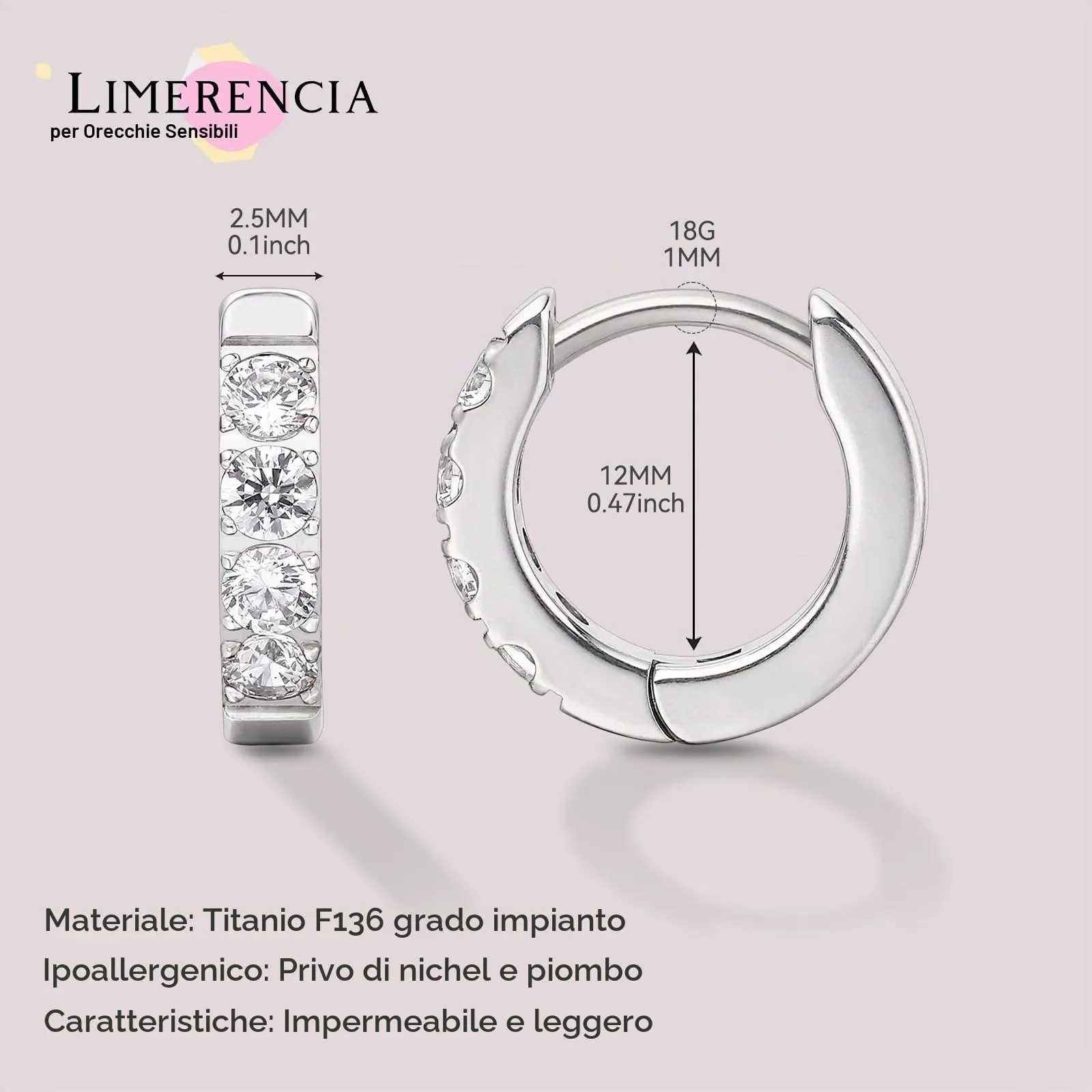 limerencia G23 Orecchini a Cerchio Anallergici per Orecchie Sensibili,Huggie Hoop Orecchini in Titanio 8 mm/10 mm/12 mm,Orecchini Argento Diamante per Donna Uomo Bambina(argento 8mm) - immagine 3