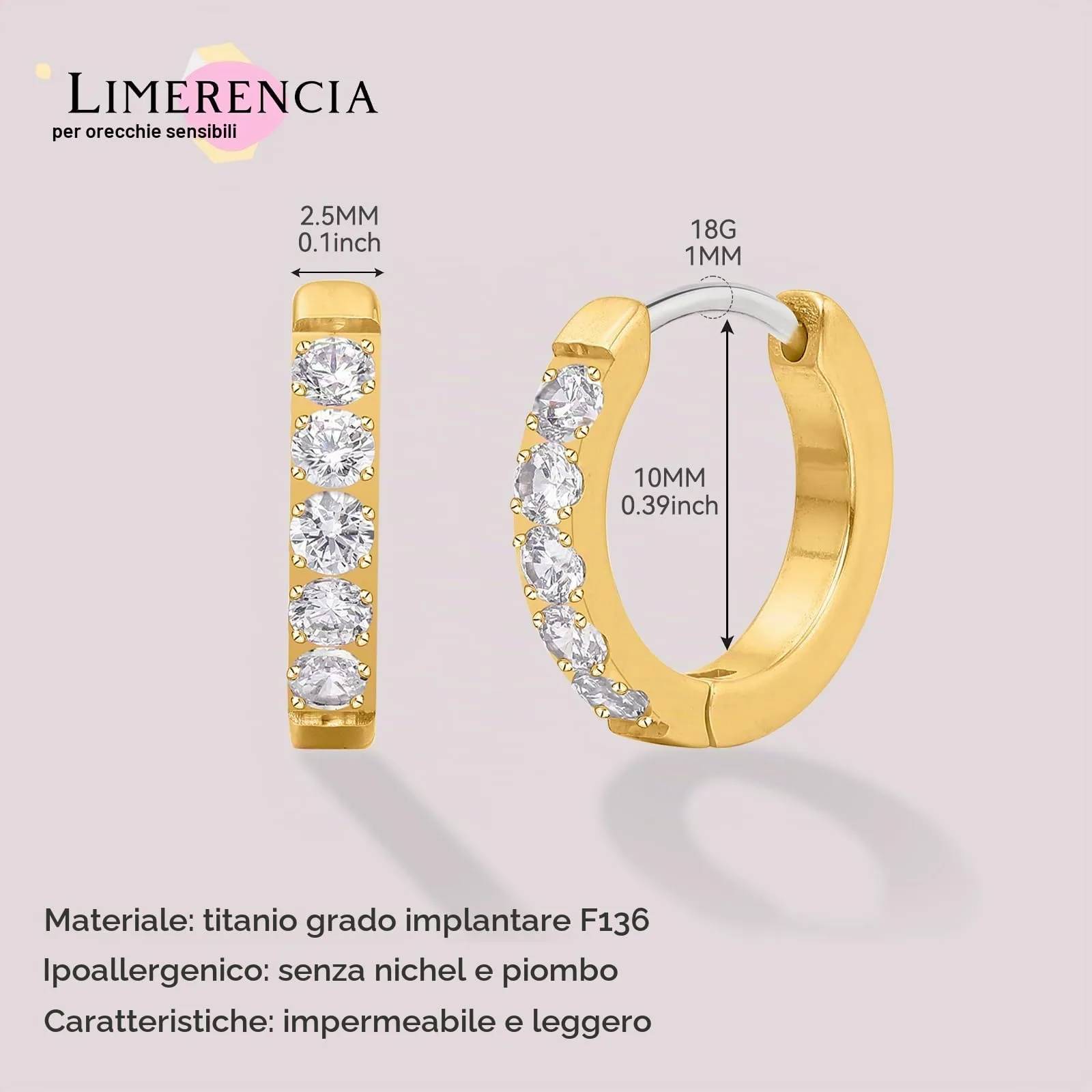 limerencia G23 Orecchini a Cerchio Anallergici per Orecchie Sensibili,Huggie Hoop Orecchini in Titanio 8 mm/10 mm/12 mm,Orecchini Argento Diamante per Donna Uomo Bambina(oro 12mm) - immagine 3