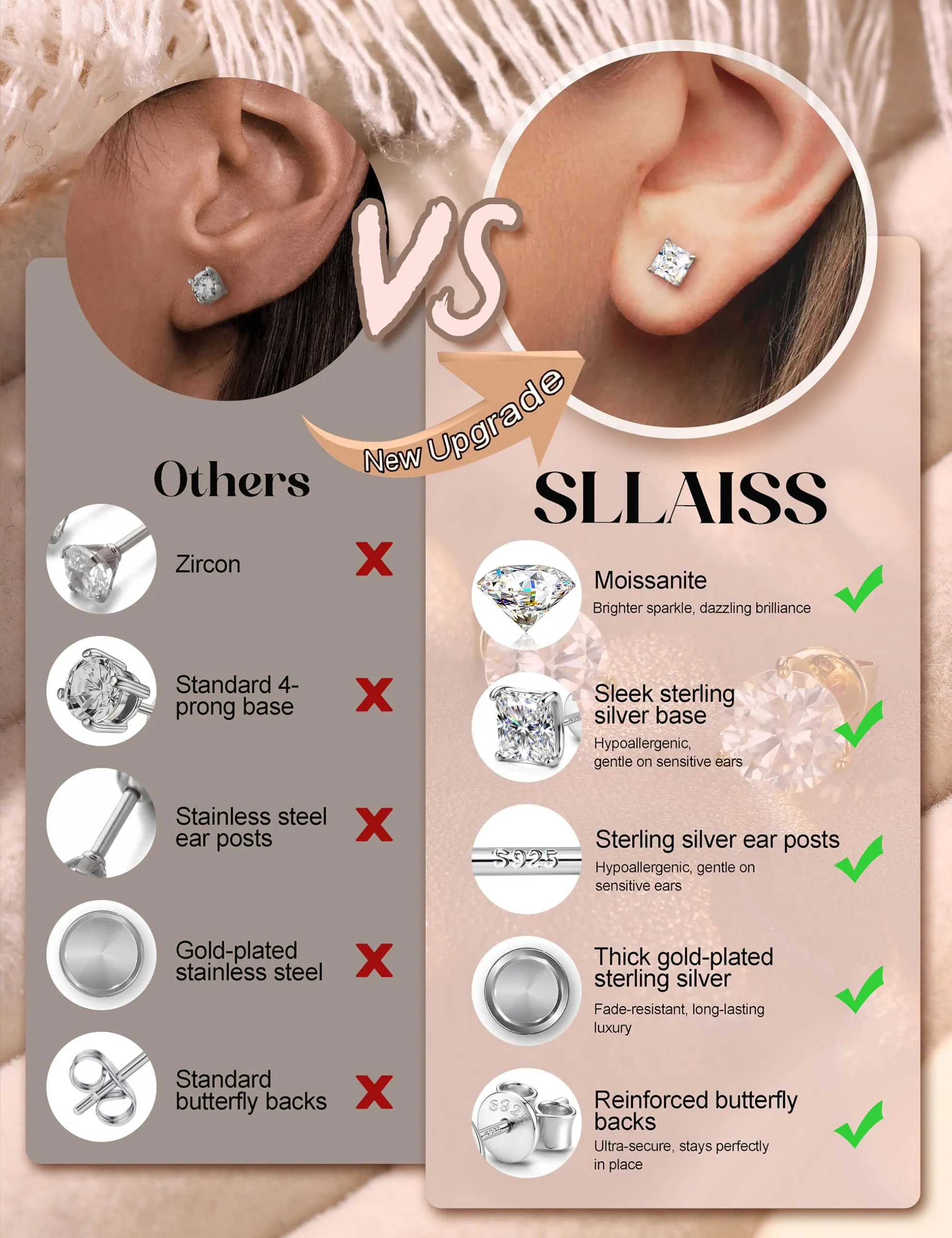Orecchini da uomo SLLAISS con pietre Moissanite, anallergici - immagine 4