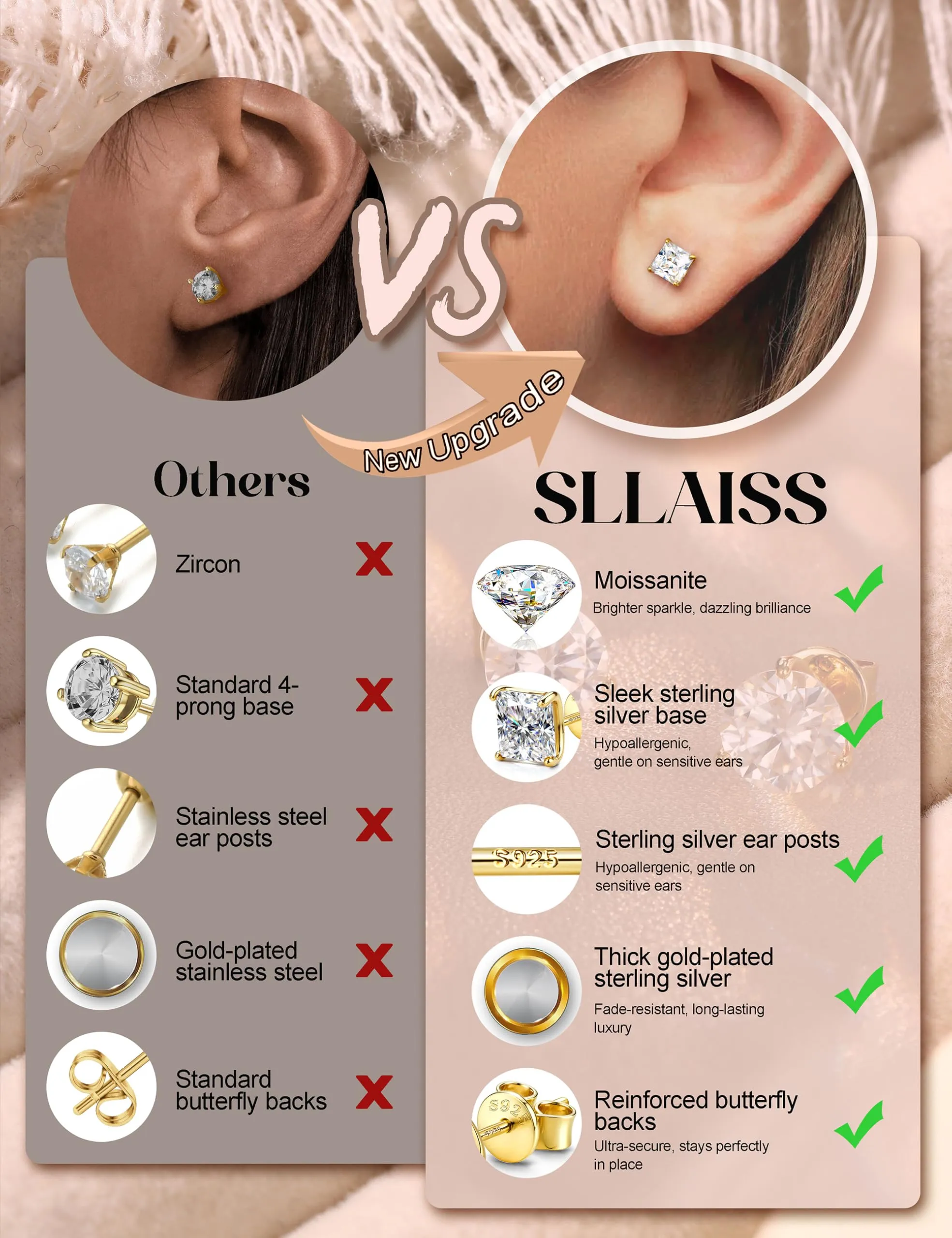 Orecchini da uomo SLLAISS con pietre Moissanite, anallergici - immagine 4