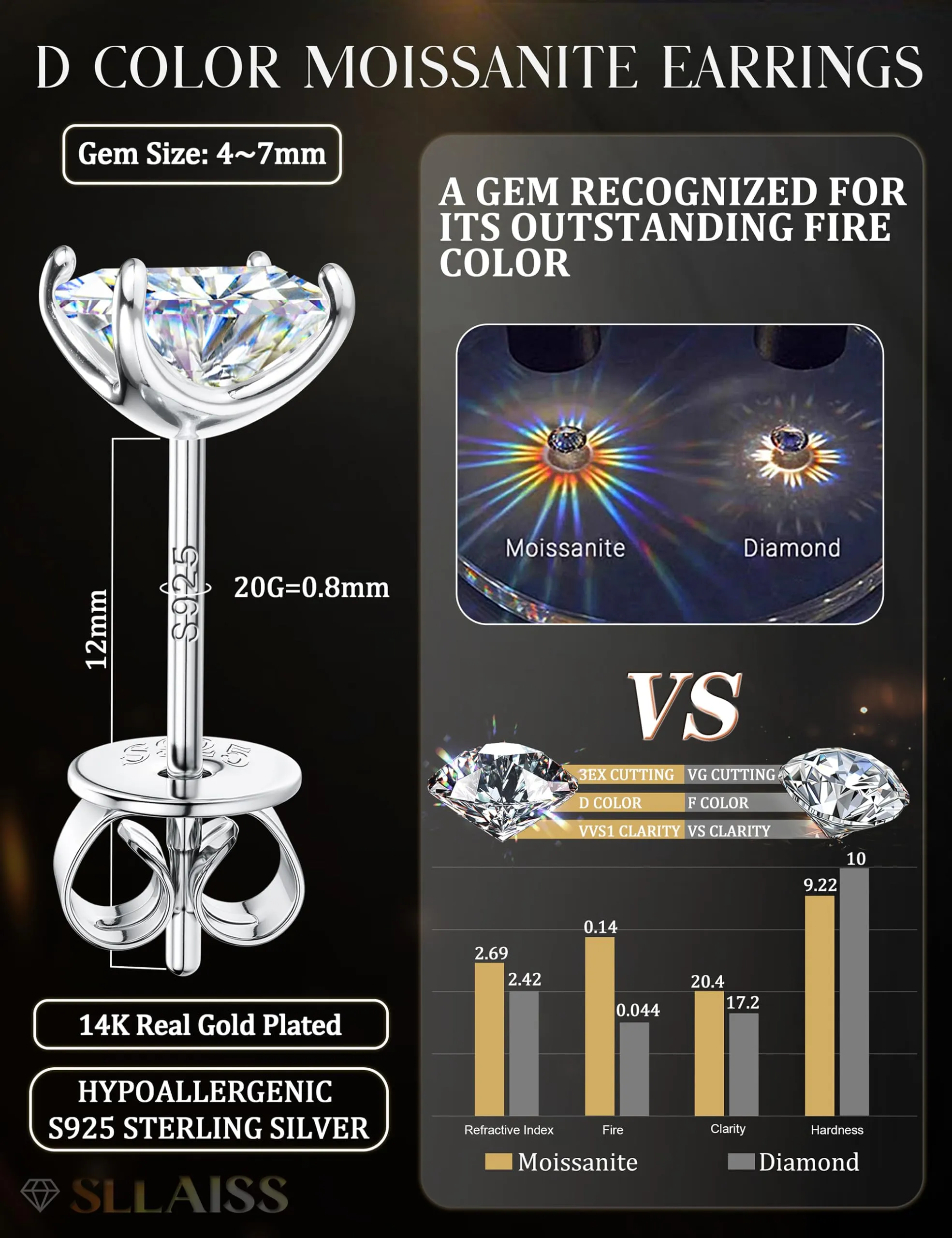 Orecchini da uomo SLLAISS con pietre Moissanite, anallergici - immagine 5