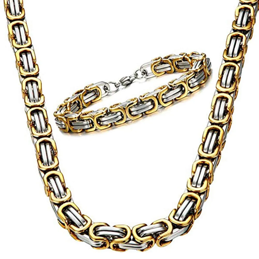 YCYR Set di Gioielli con Bracciale E Collana Bizantina da Uomo, Larghezza 6 MM / 8 MM, Lunghezza Collana 24 Pollici, Braccialetto 8,9 Pollici,d'oro,6MM - immagine 1