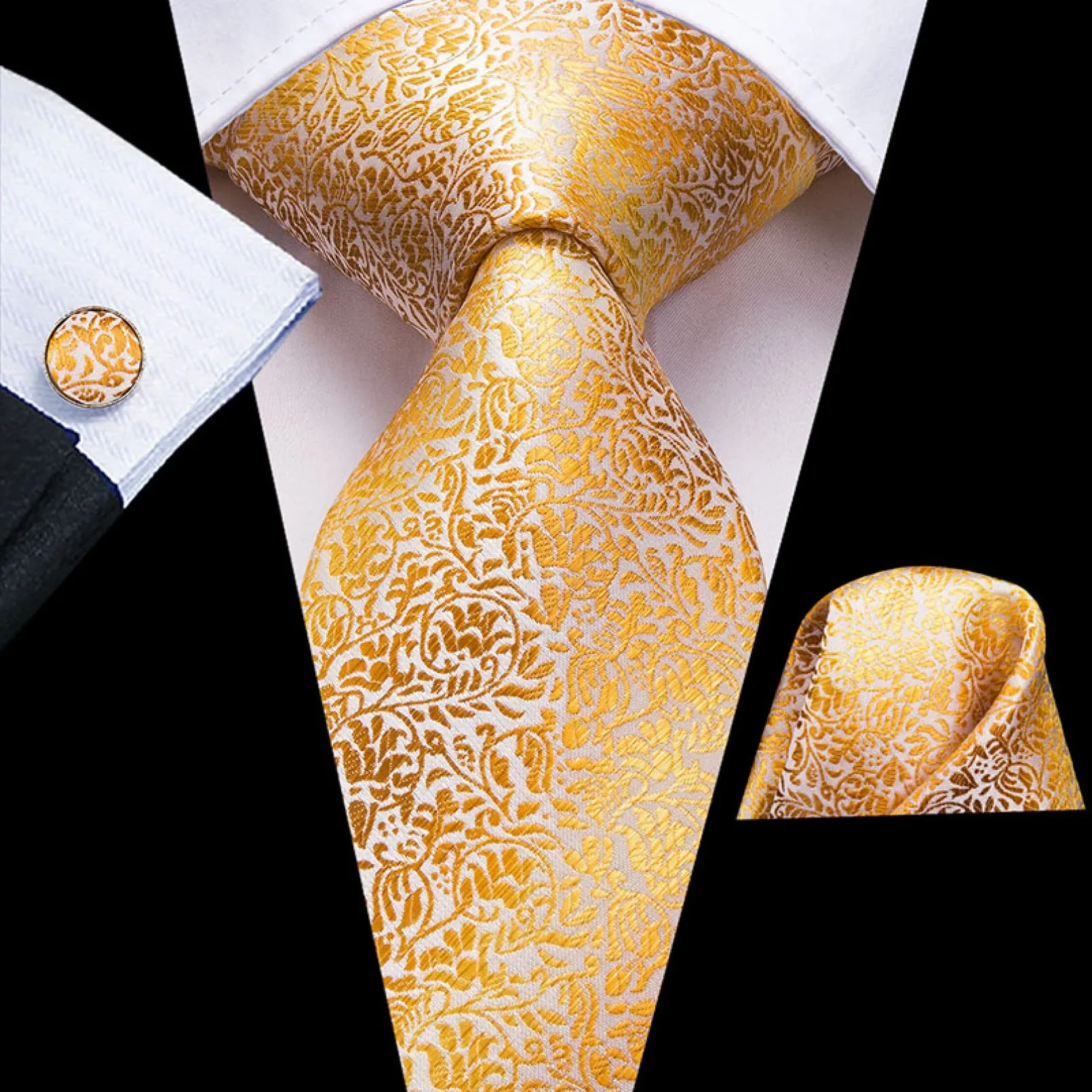 BAJIE Cravatta da Uomo Set di Cravatte da Uomo in Seta Set di Cravatte e fazzoletti in Oro Giallo Floreale Set di Gemelli da Uomo Cravatta da Cerimonia Nuziale da Uomo - immagine 1