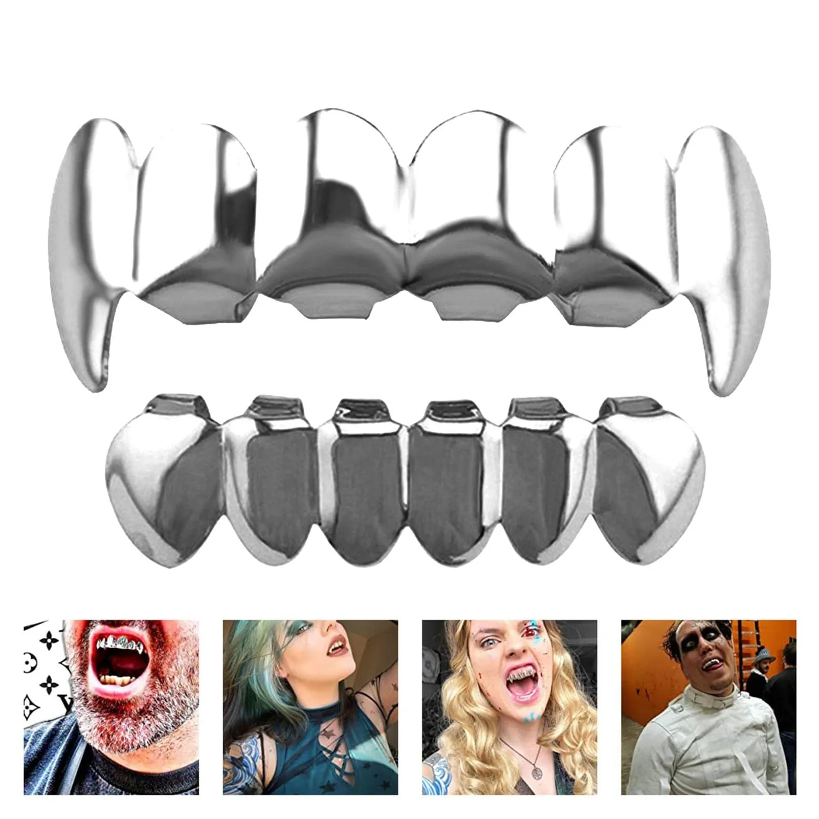 Braces con denti a bocca placcata oro - 18 K placcati in oro personalizzato, Hip Hop brillante, 6 teeth top e 6 griglie inferiori dei denti, per costume da rapper per uomo e donna Adawd - immagine 5