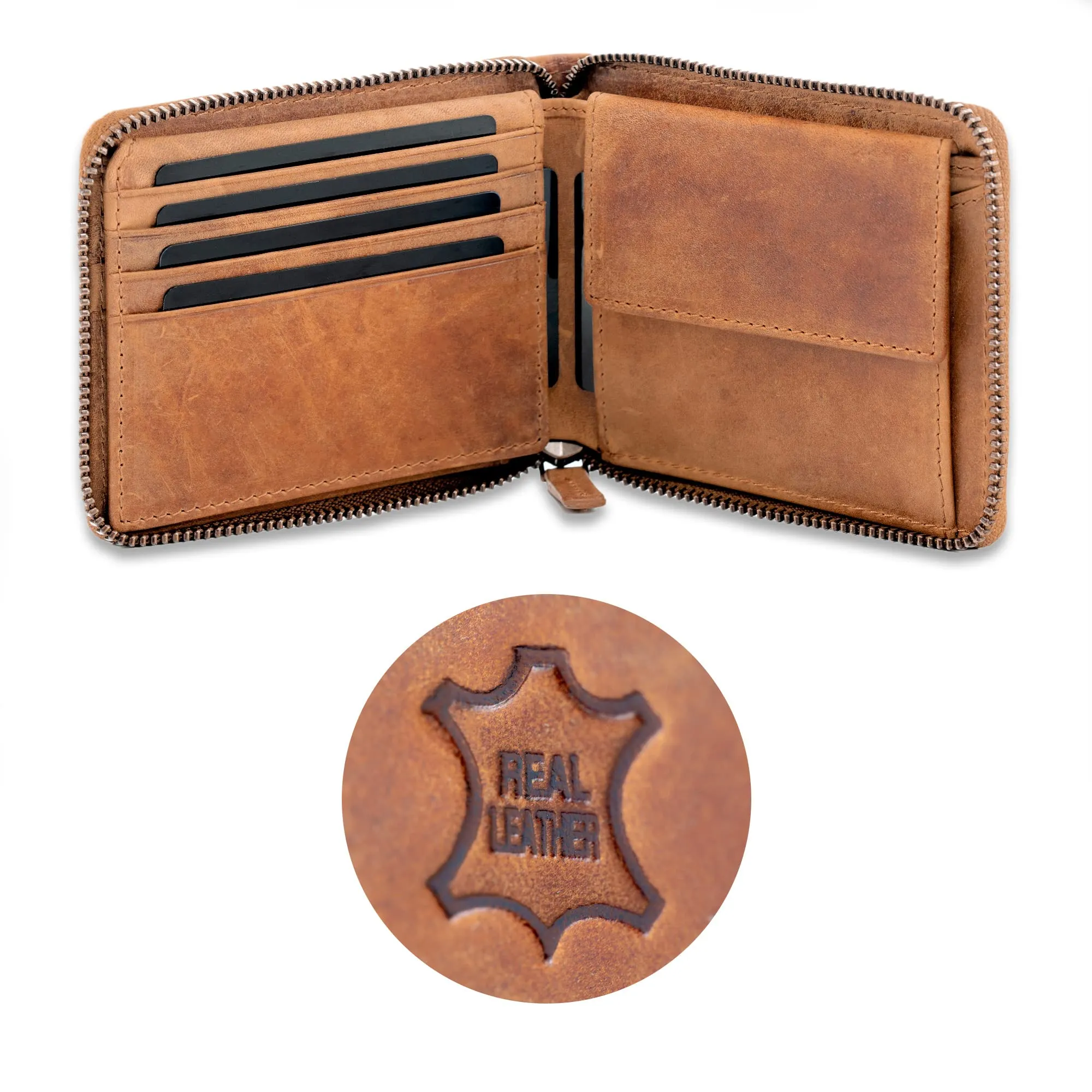 Fa.Volmer ® Portafoglio da uomo in vera pelle con chiusura lampo perimetrale, protezione RFID, portamonete con porta gettoni per carrello della spesa, marrone, Rétro - immagine 2