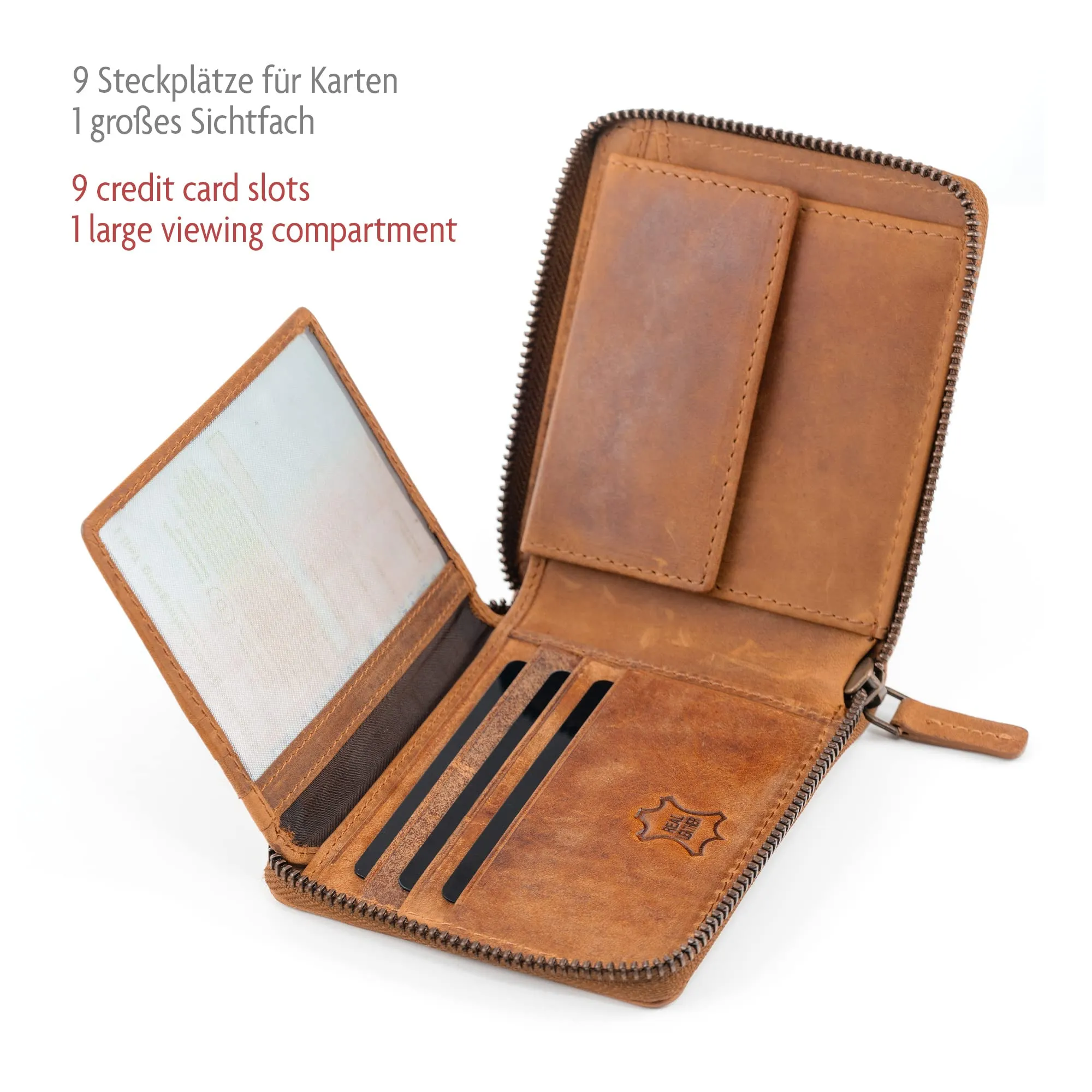 Fa.Volmer ® Portafoglio da uomo in vera pelle con chiusura lampo perimetrale, protezione RFID, portamonete con porta gettoni per carrello della spesa, marrone, Rétro - immagine 3