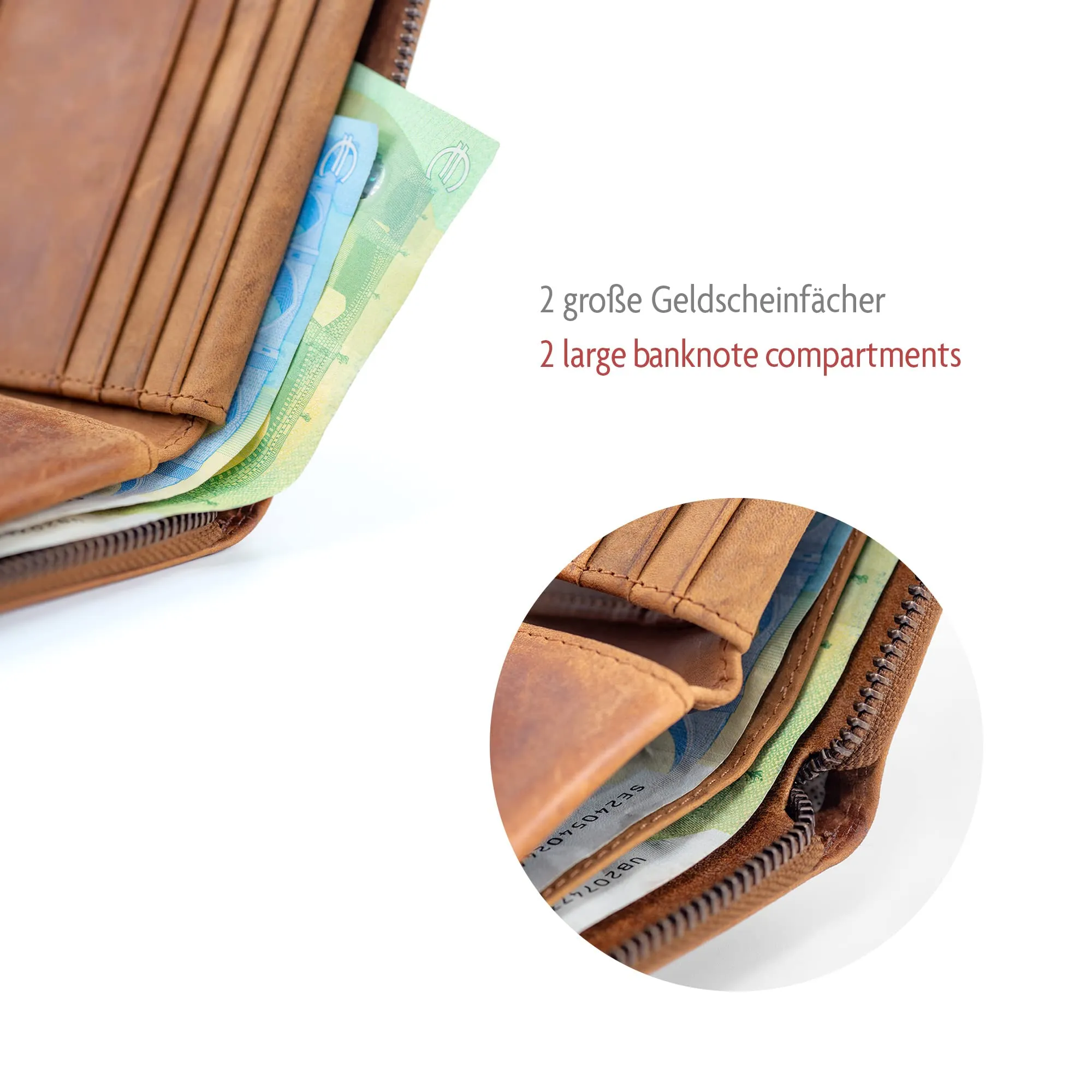 Fa.Volmer ® Portafoglio da uomo in vera pelle con chiusura lampo perimetrale, protezione RFID, portamonete con porta gettoni per carrello della spesa, marrone, Rétro - immagine 4