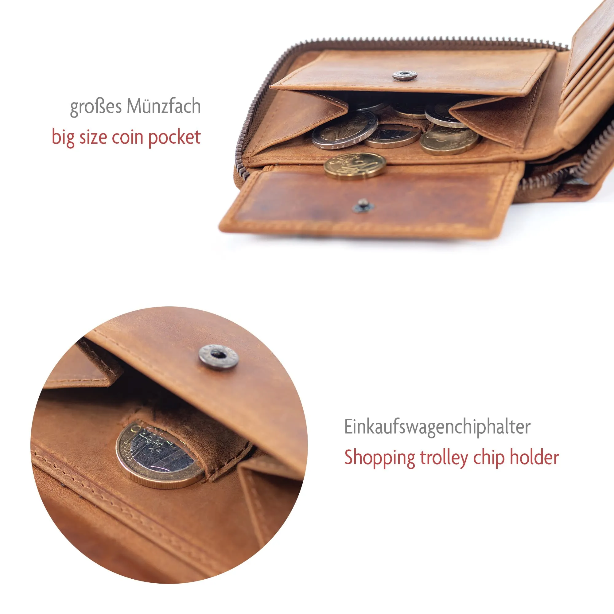 Fa.Volmer ® Portafoglio da uomo in vera pelle con chiusura lampo perimetrale, protezione RFID, portamonete con porta gettoni per carrello della spesa, marrone, Rétro - immagine 5