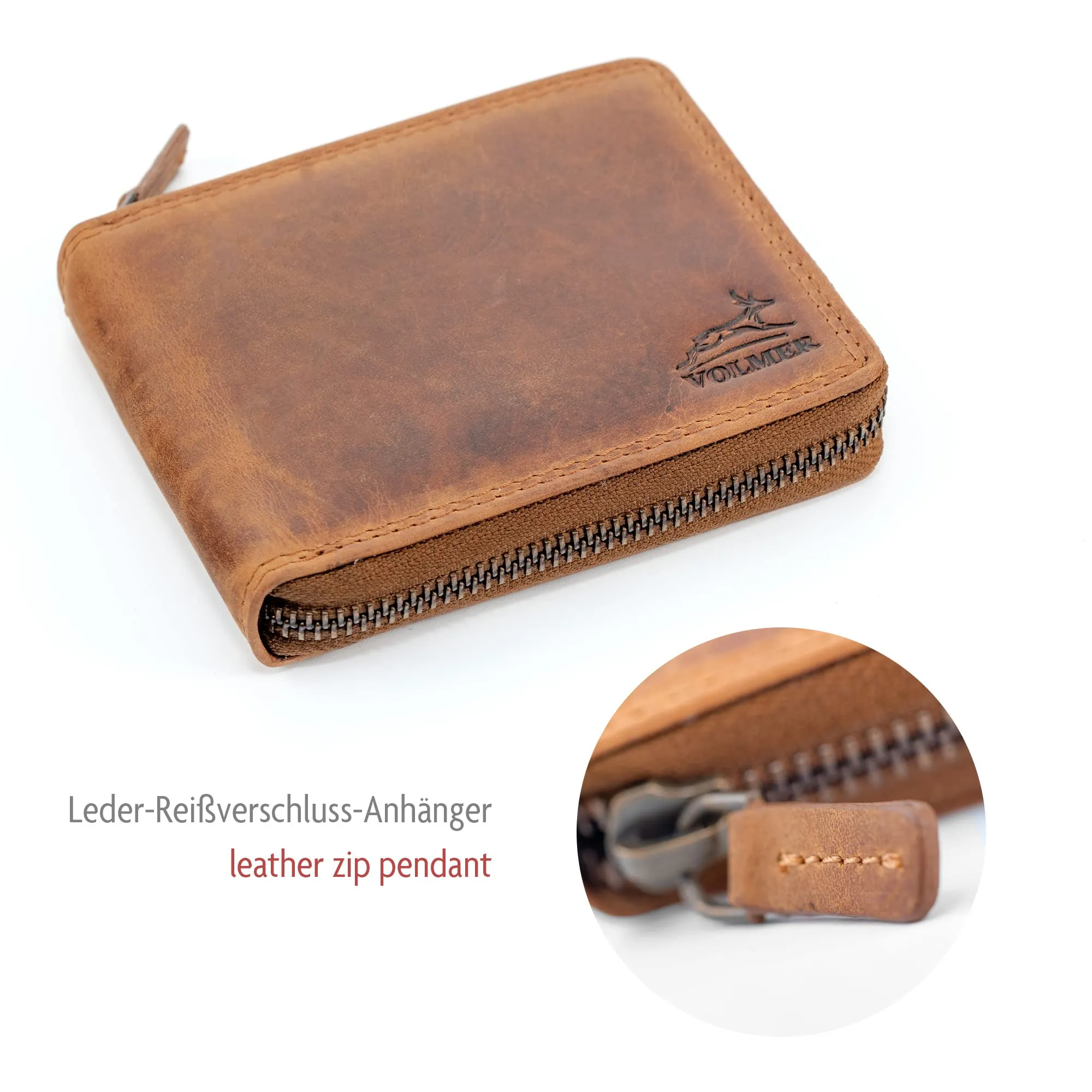 Fa.Volmer ® Portafoglio da uomo in vera pelle con chiusura lampo perimetrale, protezione RFID, portamonete con porta gettoni per carrello della spesa, marrone, Rétro - immagine 6