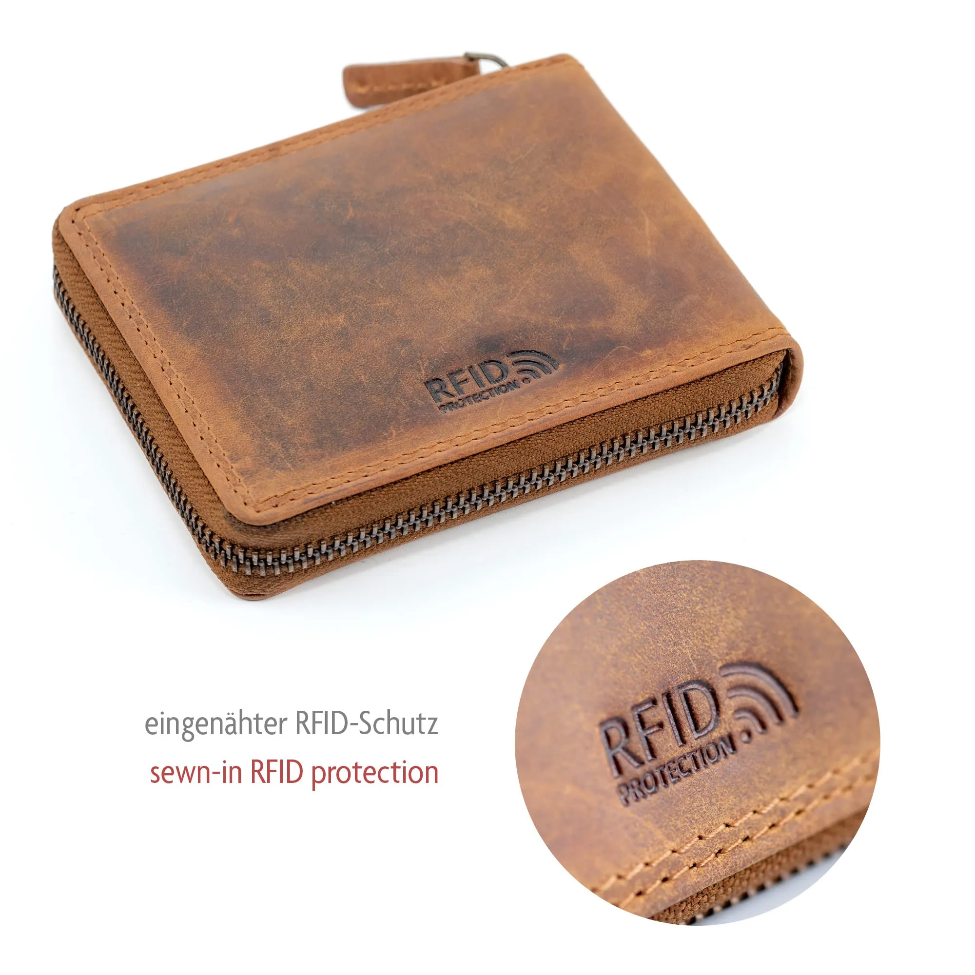 Fa.Volmer ® Portafoglio da uomo in vera pelle con chiusura lampo perimetrale, protezione RFID, portamonete con porta gettoni per carrello della spesa, marrone, Rétro - immagine 7