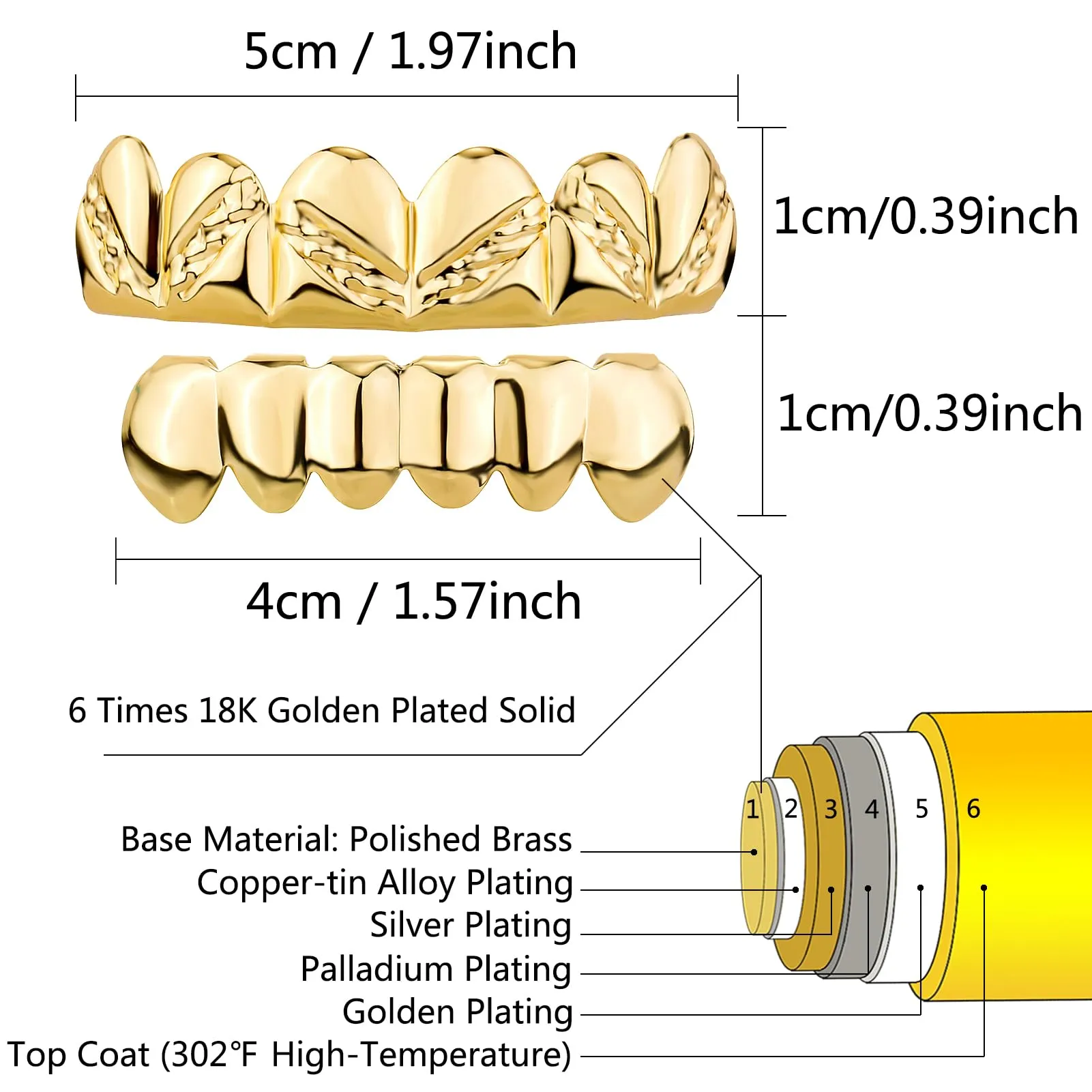 OYOGAA Grillz for Your Teeth, Grillz placcato oro 18 K, per uomo, hip hop, 6 denti, con barre di stampaggio extra, Medio, Ottone, Non pietra preziosa - immagine 2