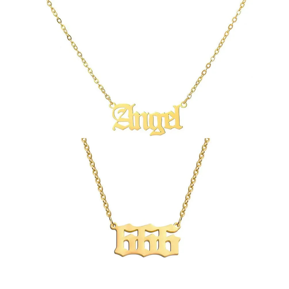 OAKKY Hip Hop Delicato Moda Set di 2 Pezzi Numero Angelo Ciondolo Collana per Donna Acciaio Inox Catena Girocollo Gioielli Numerologici Oro 666 - immagine 1
